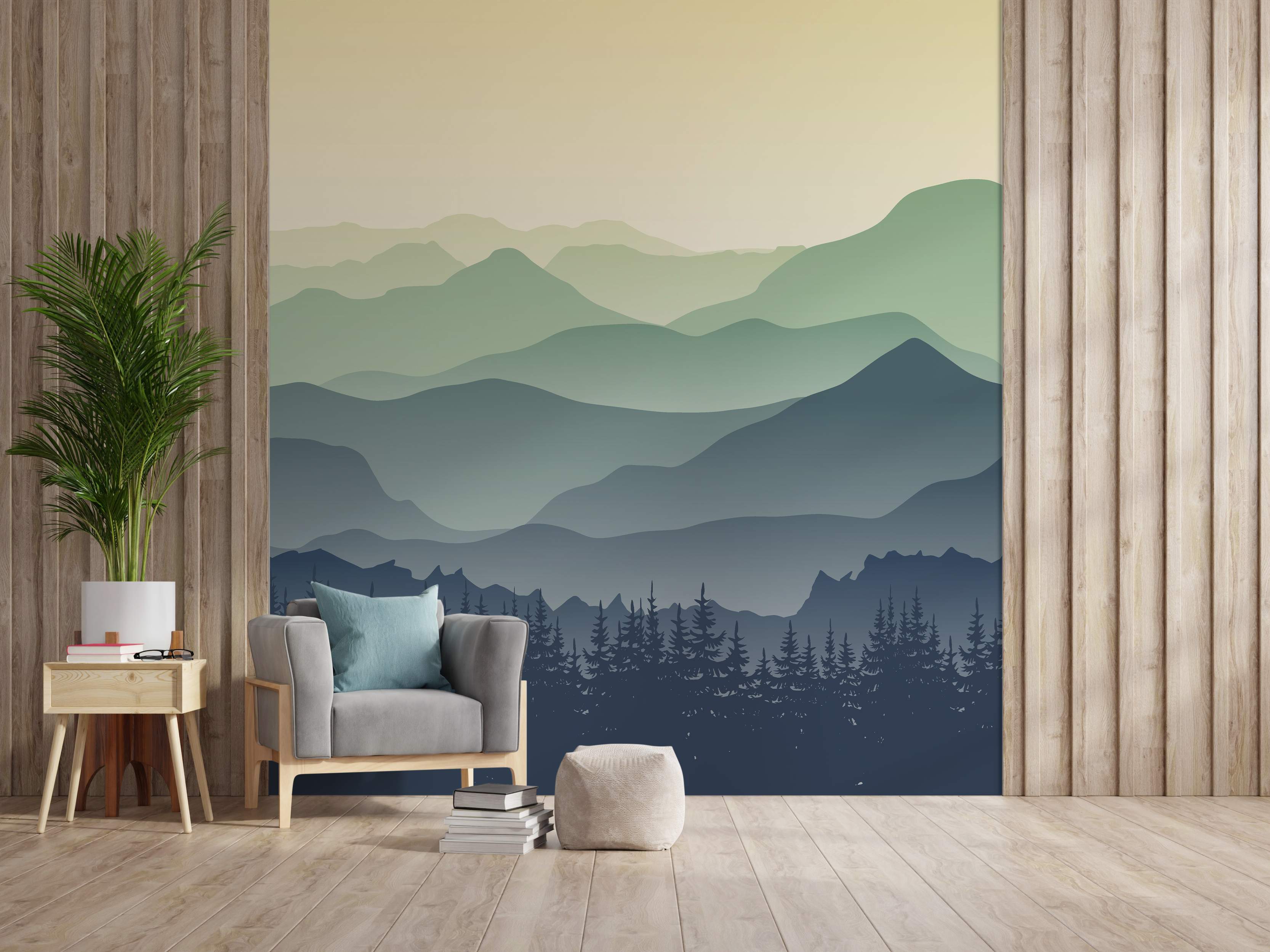 Mural featuring layered mountain silhouettes in shades of blue and green, fading into a pale yellow sky.