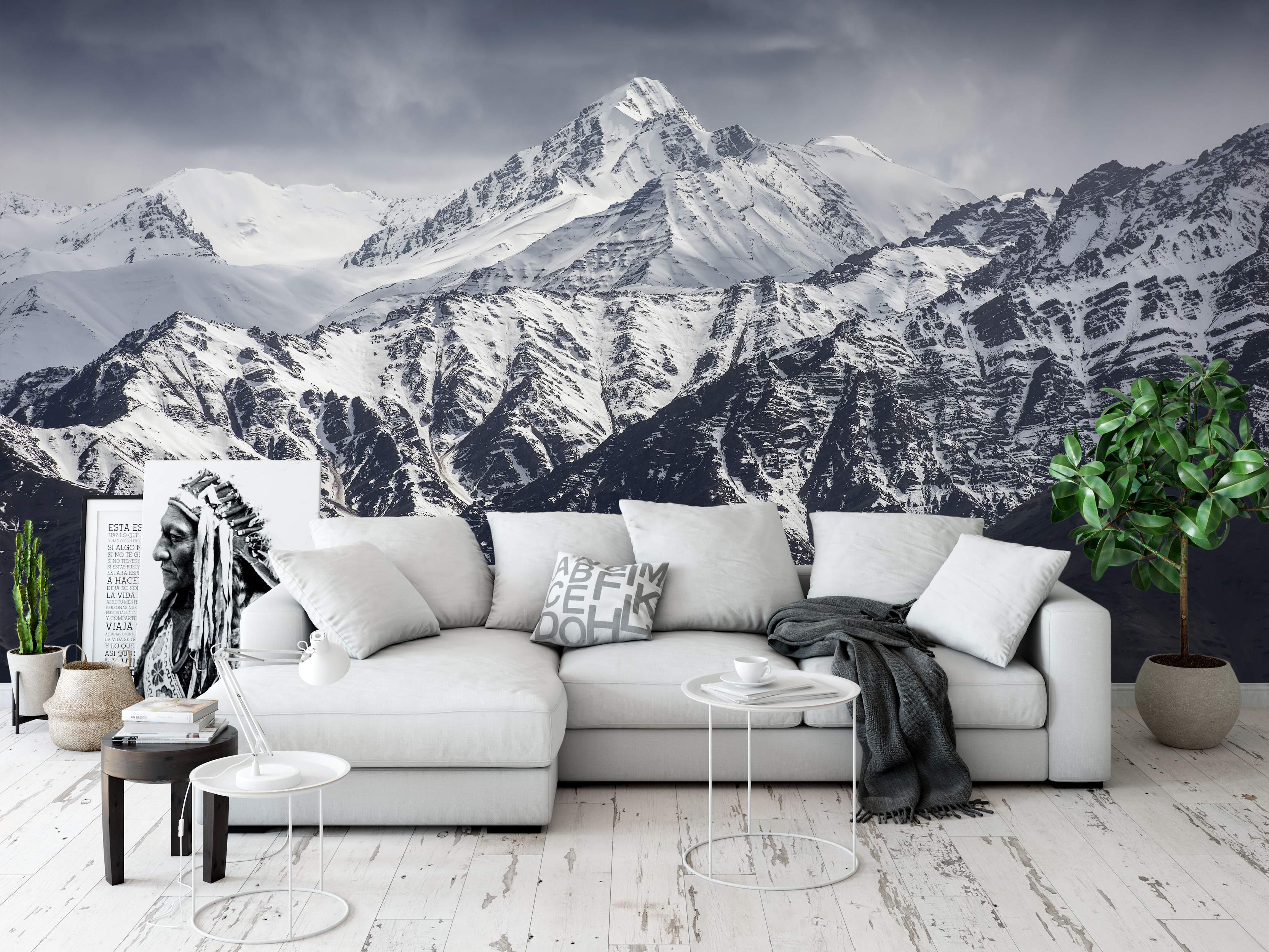 Photographic mural depicting a dramatic snow-covered mountain range in black, white, and gray tones under a cloudy sky.
