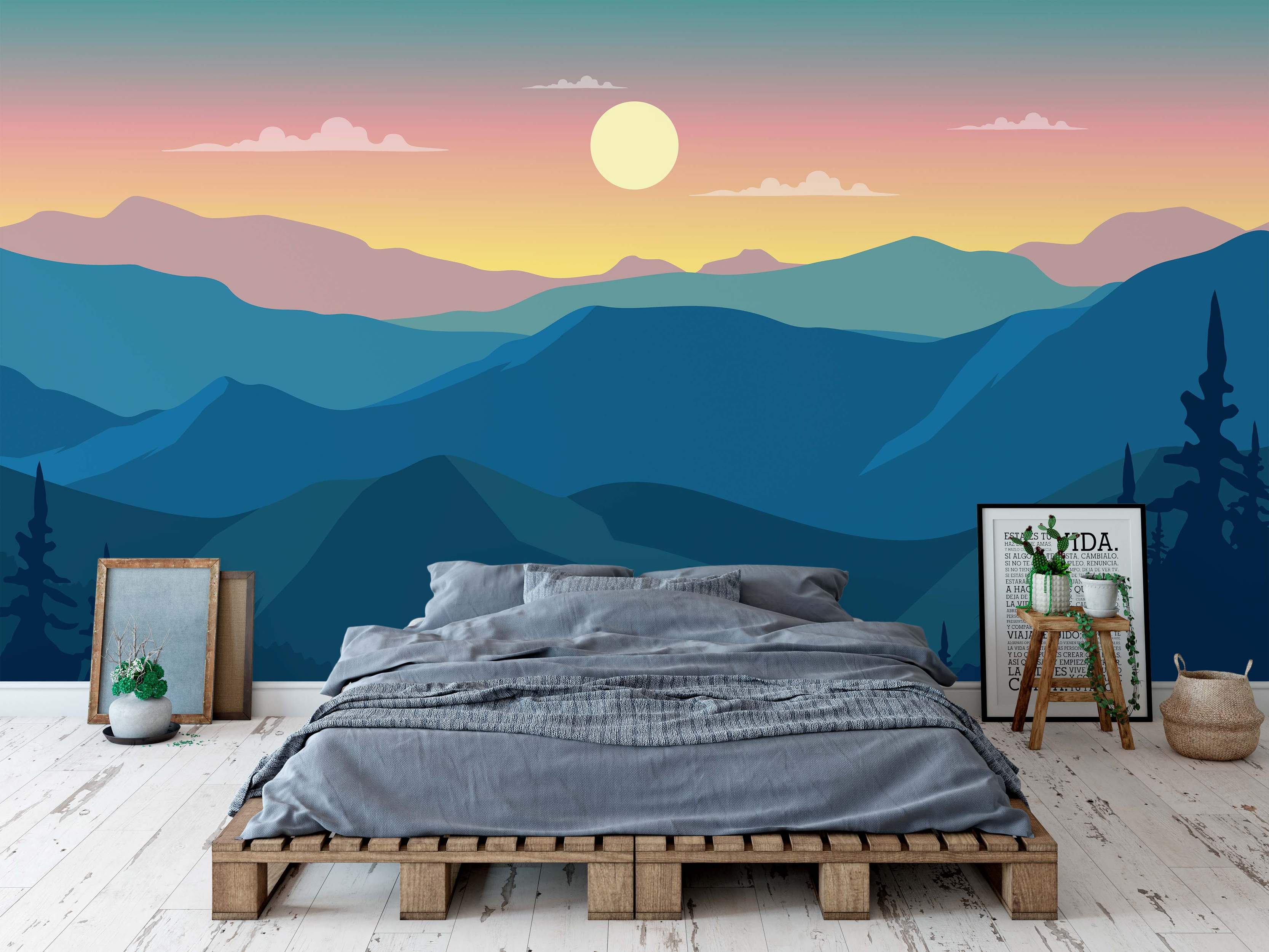 Stylized mountain landscape mural with layered blue peaks under a gradient sunset sky of teal, pink, and yellow.