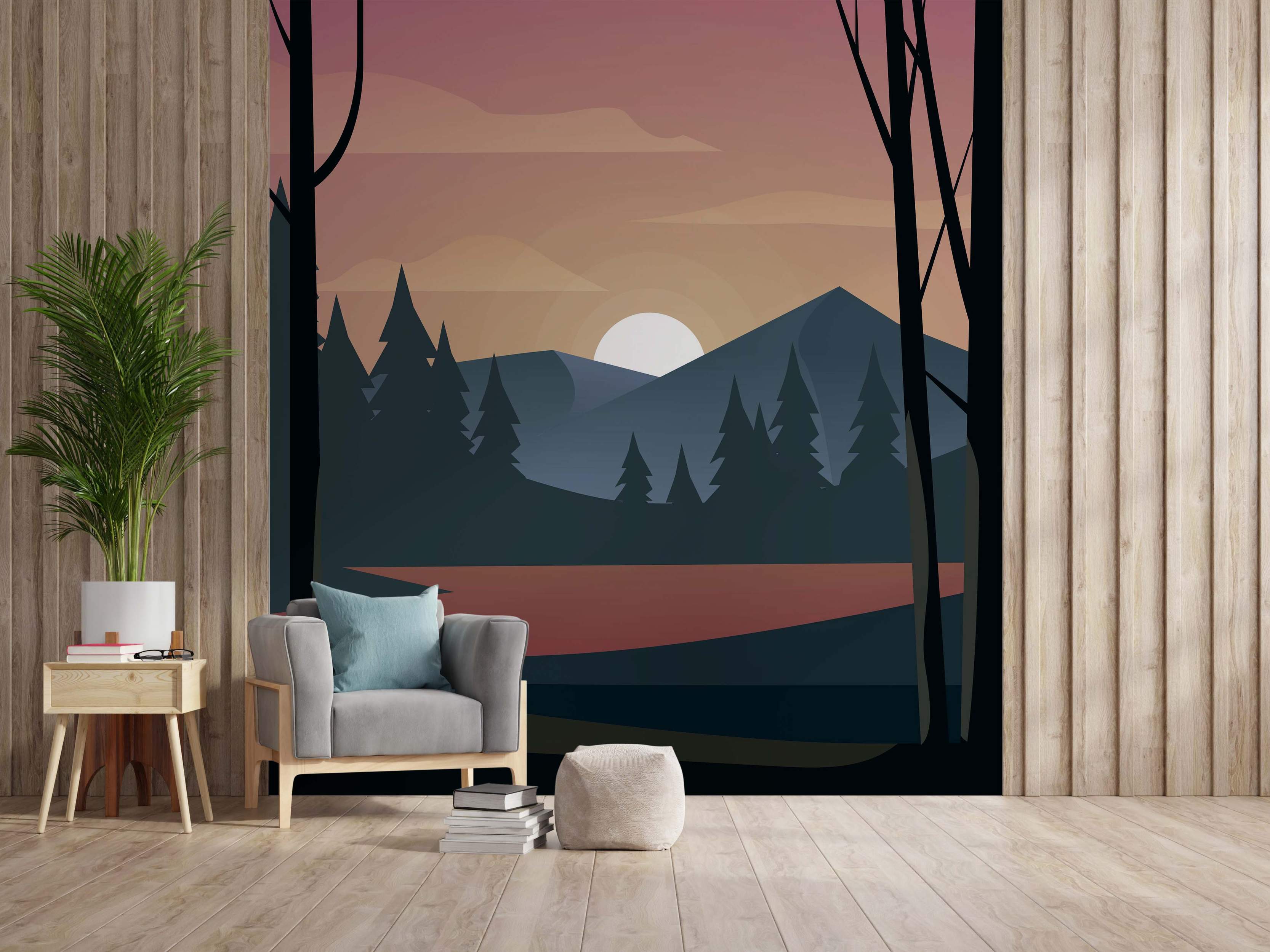 Minimalist mural depicting a mountain landscape at sunset/sunrise, featuring blue peaks, dark trees, reddish water, and an orange sky.