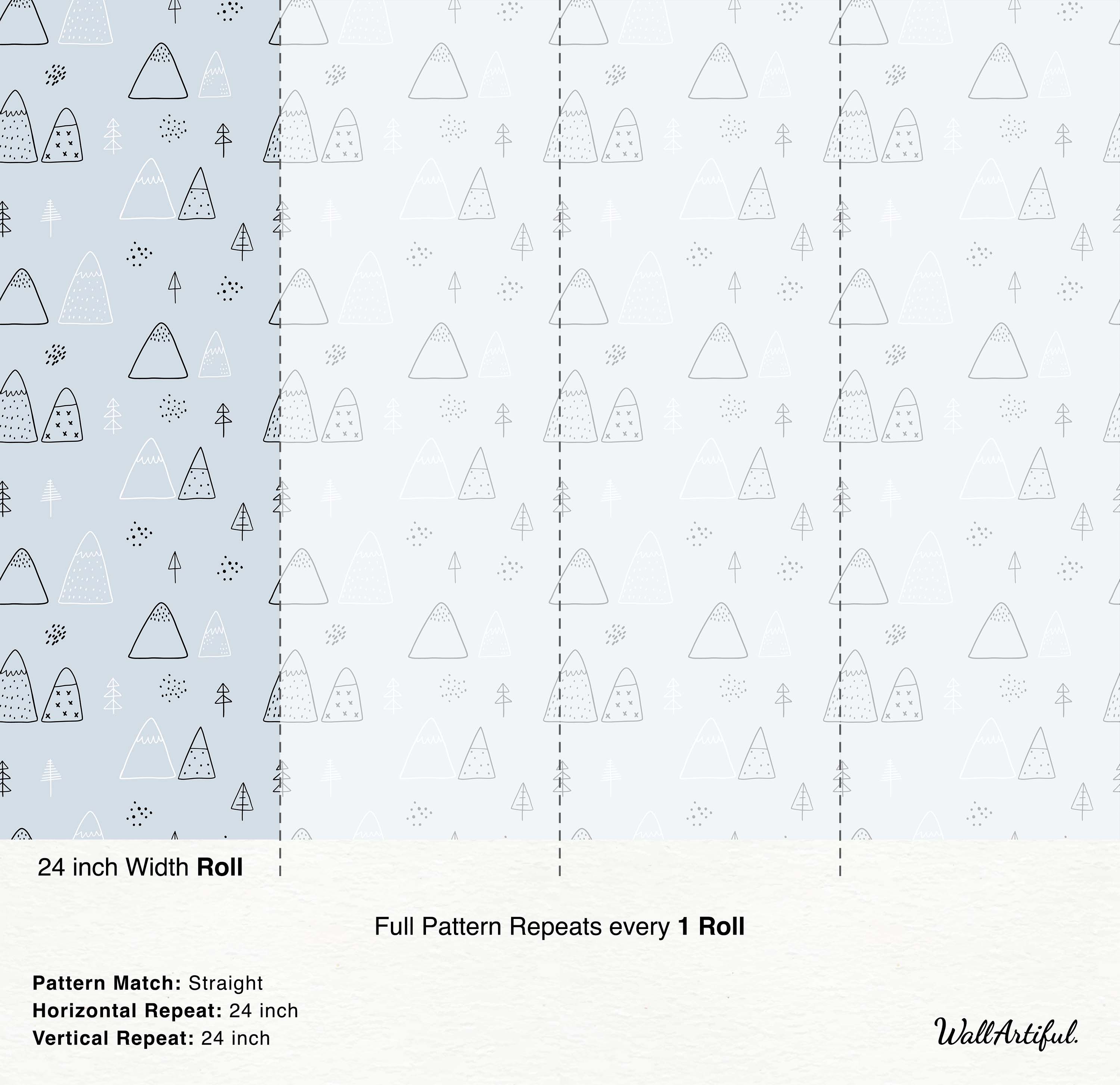Sketch-style wallpaper with black and white mountains and trees on a light blue background, with gray dotted accents.