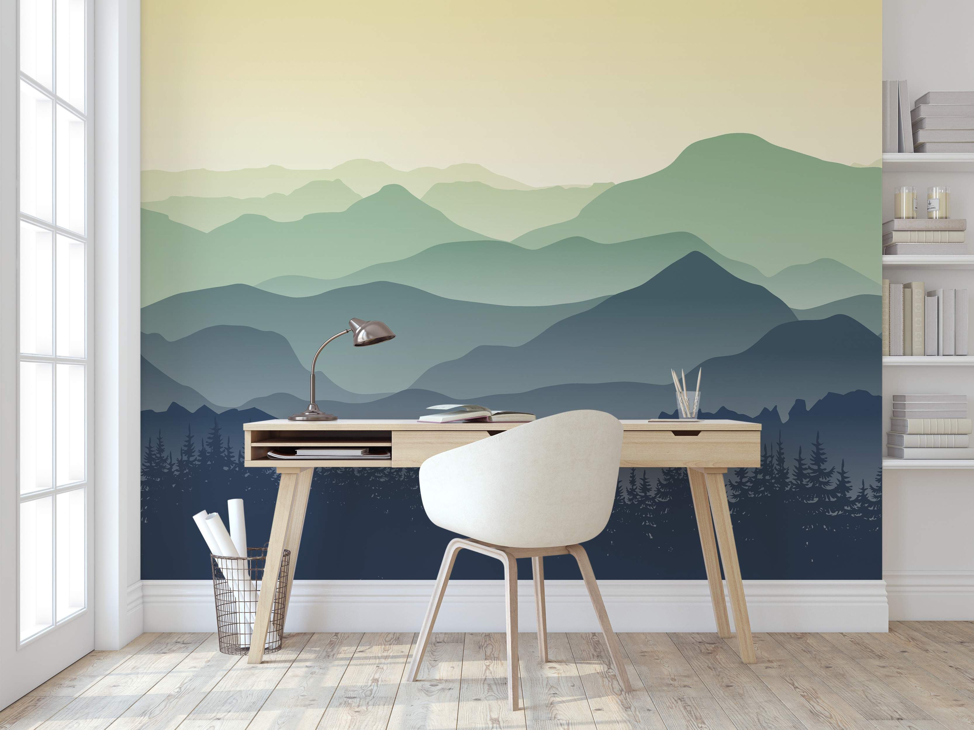Mural depicting layers of mountains in shades of blue and green under a pale yellow sky.
