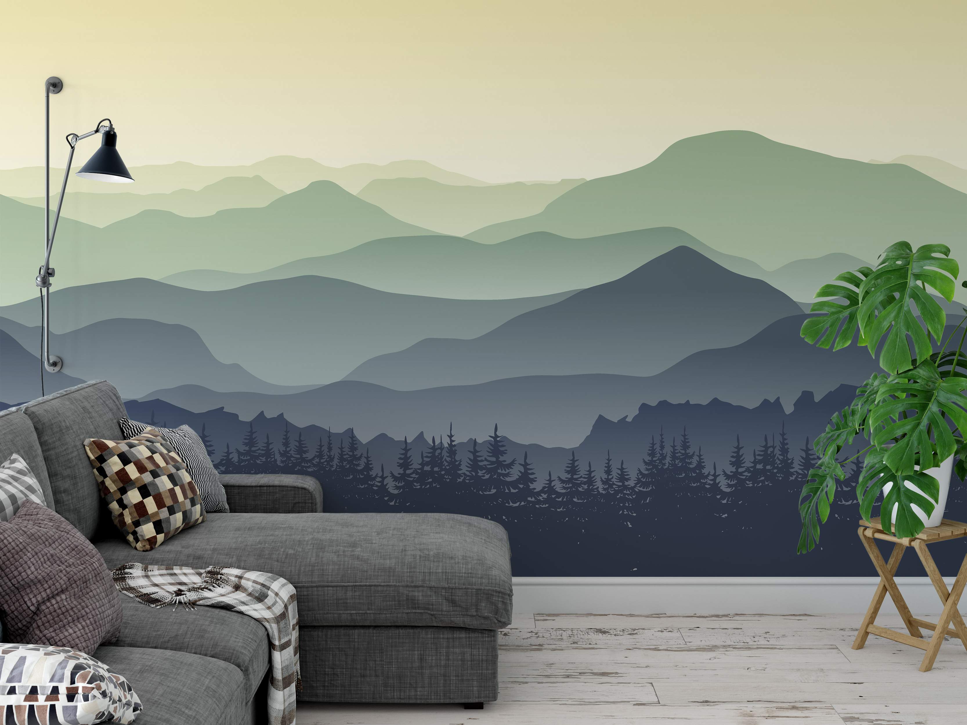 Mountain landscape mural with layered peaks fading from green to blue under a pale yellow sky, featuring a dark blue forest silhouette.