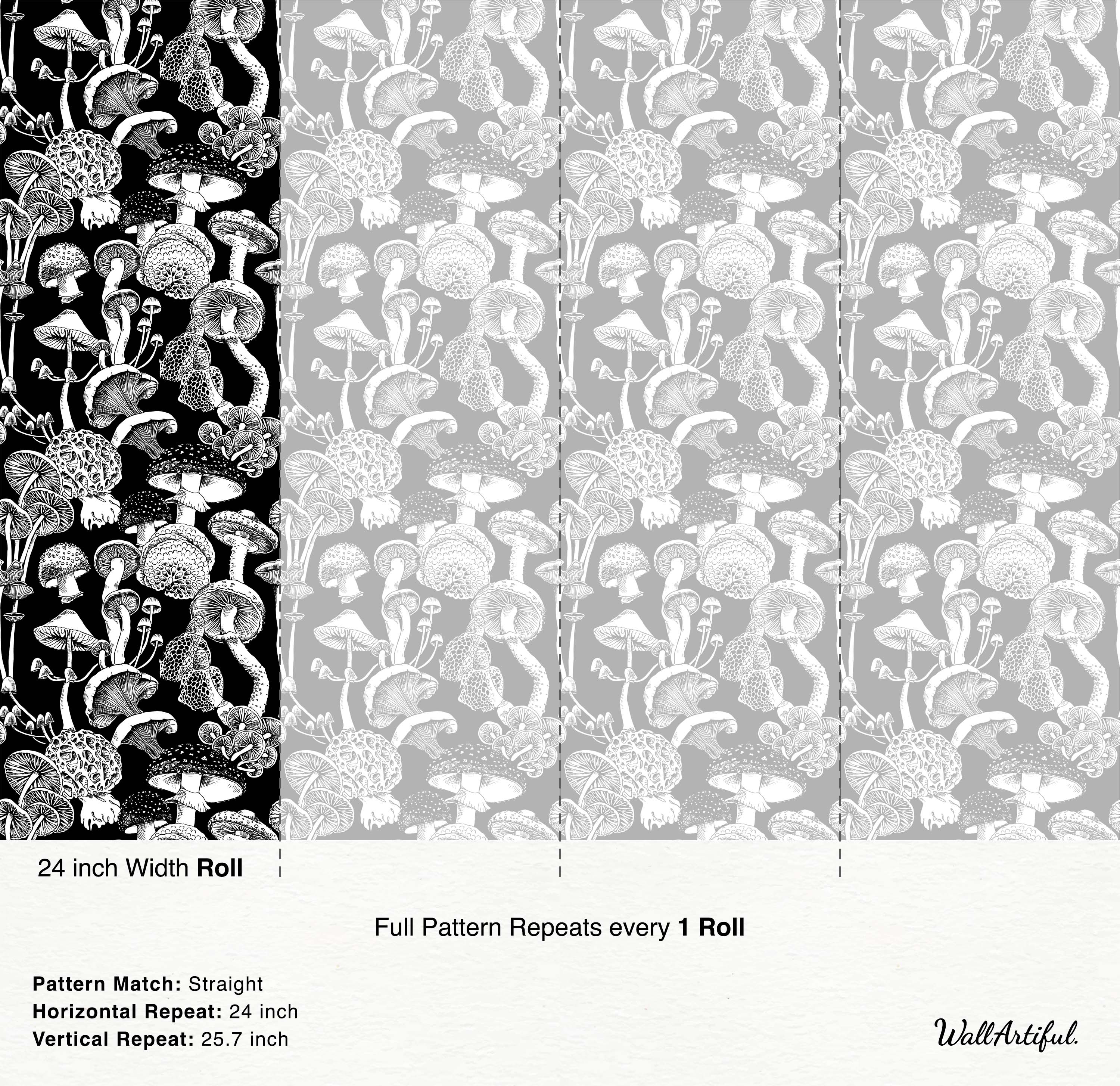 A detailed, illustrative wallpaper featuring a dense pattern of various mushrooms in a black and white line-art style.