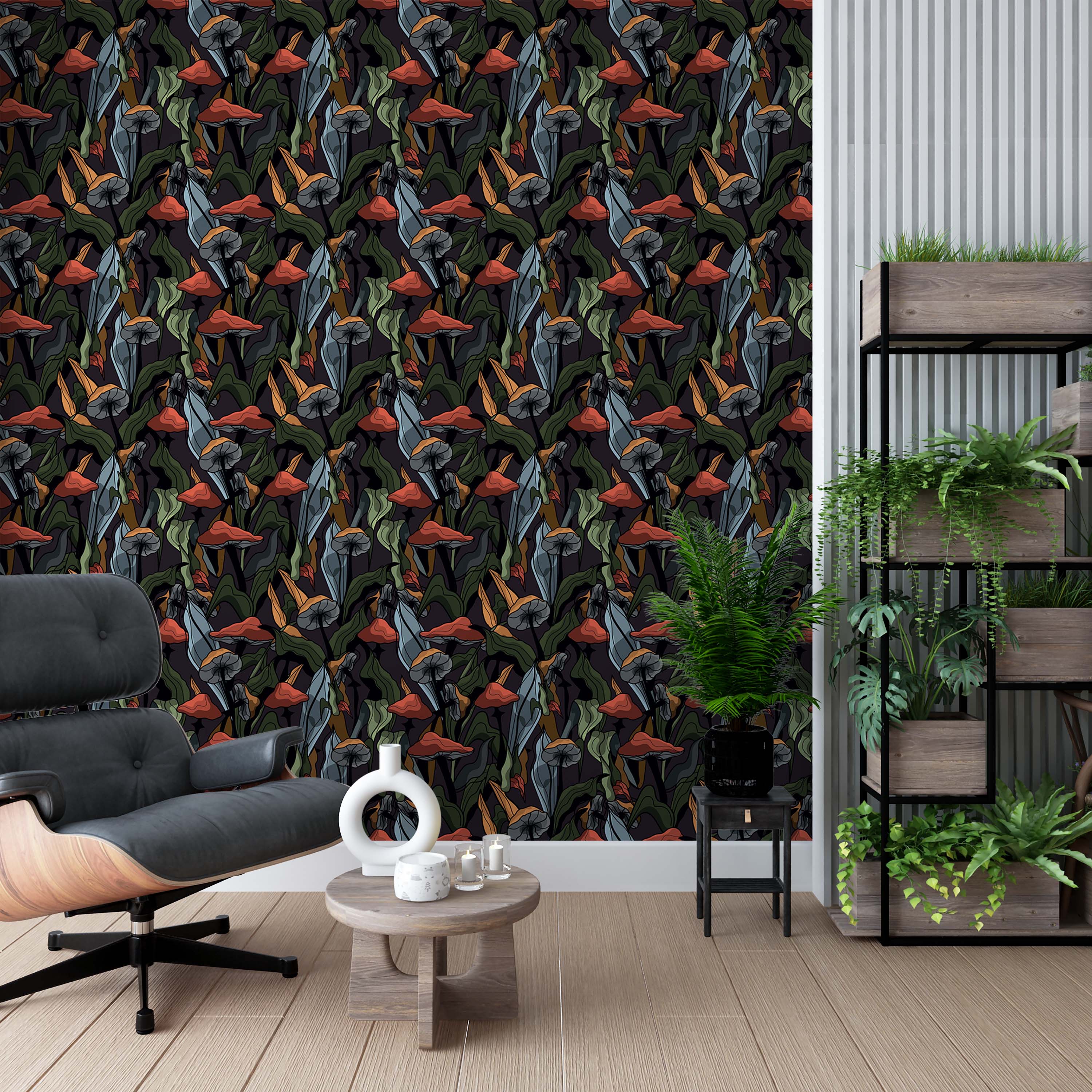 Wallpaper featuring an illustrative pattern of orange, green, and blue-gray mushrooms and leaves on a dark background.