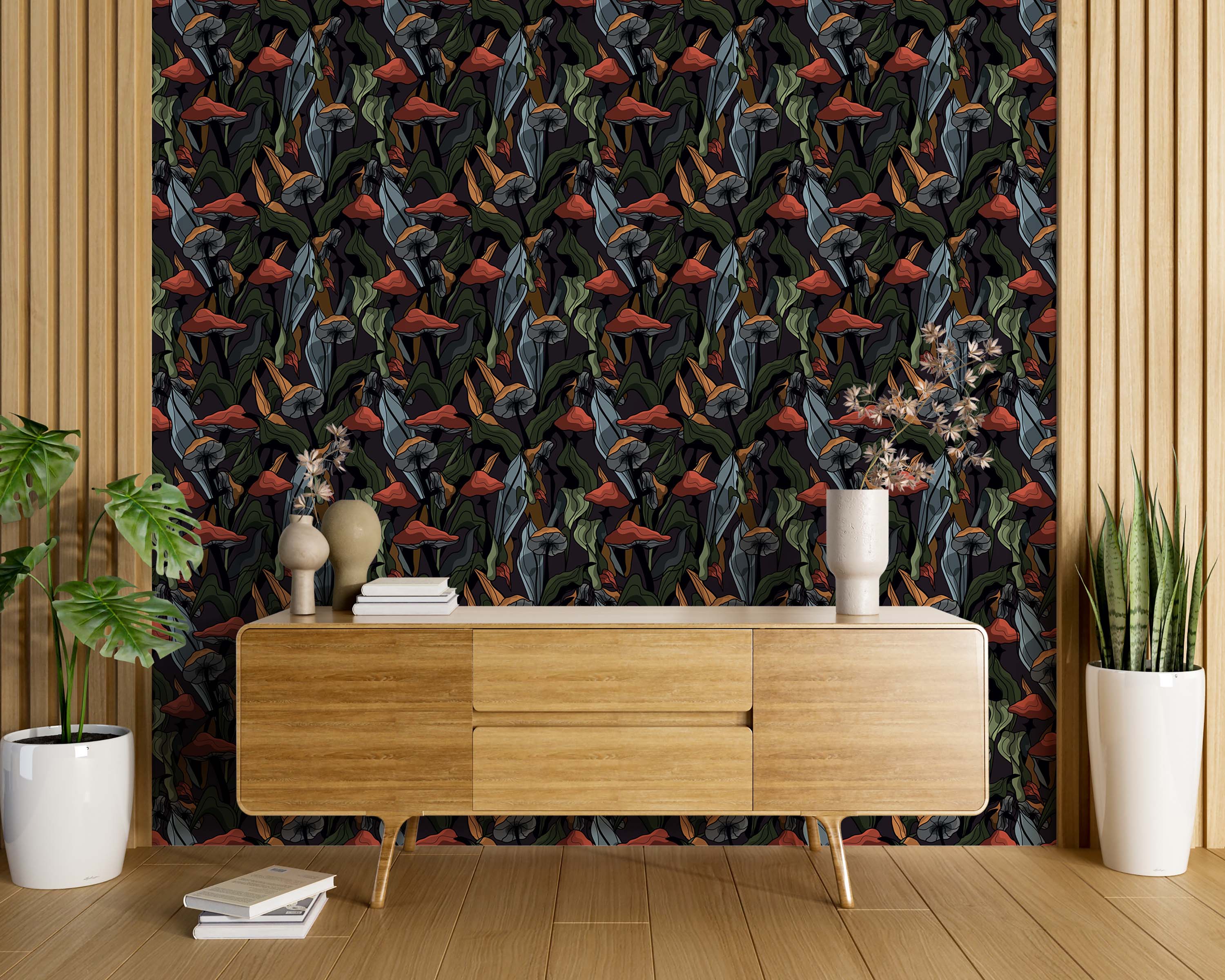 Dark wallpaper with a repeating botanical design of red, orange, and grey mushrooms, interspersed with green and blue-grey leaves.