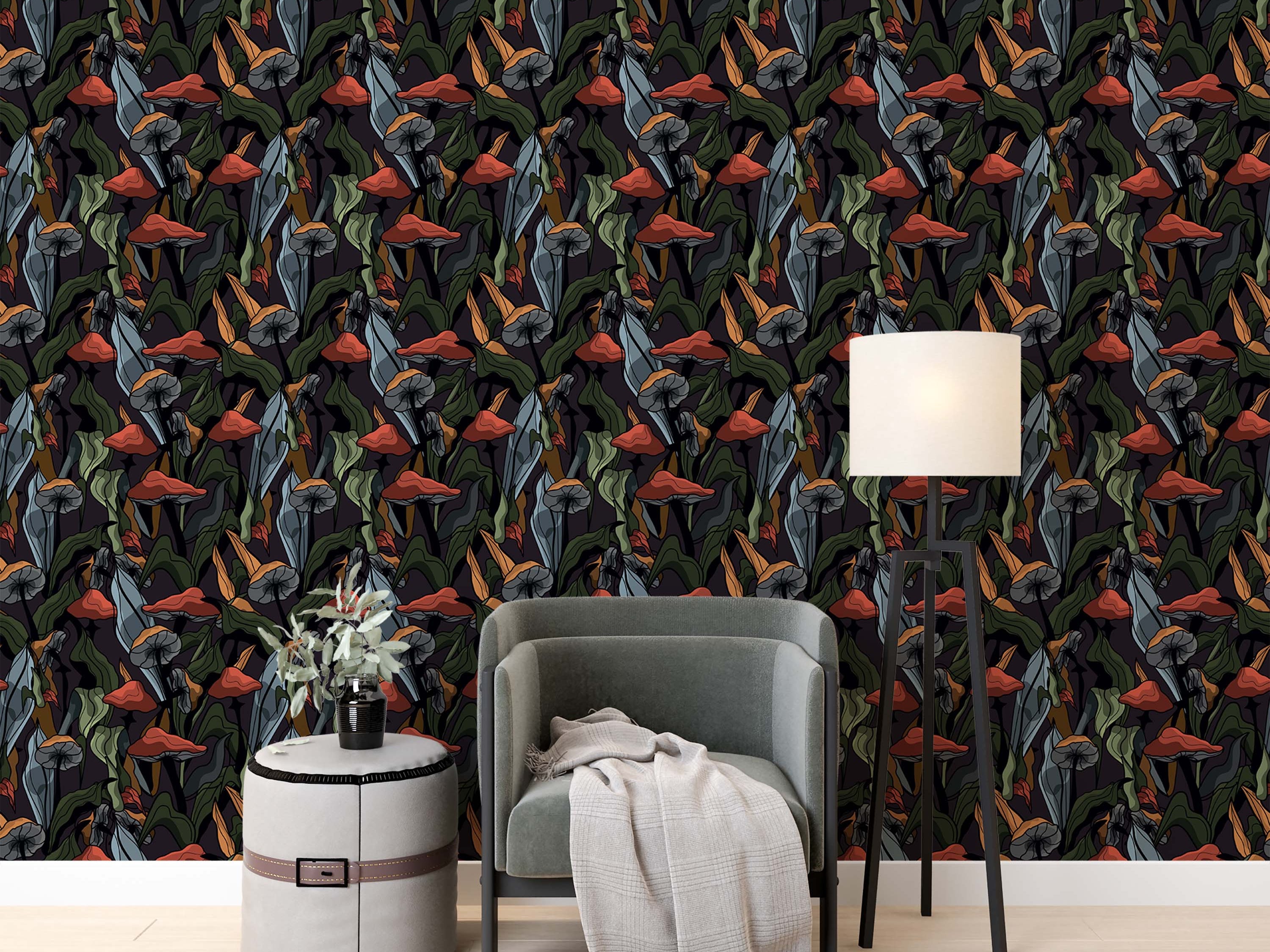 Dark botanical wallpaper with a repeating pattern of illustrated mushrooms in red, orange, and gray, with green and blue-gray leaves.