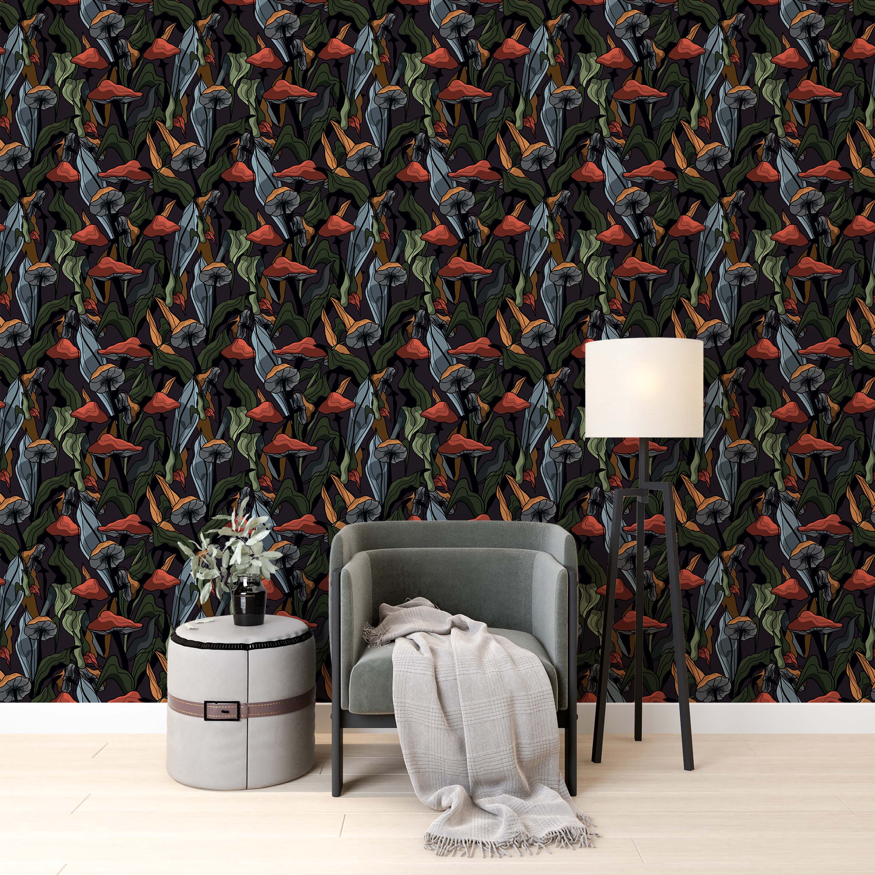 Dark botanical wallpaper with a repeating pattern of illustrated mushrooms in red, orange, and gray, with green and blue-gray leaves.