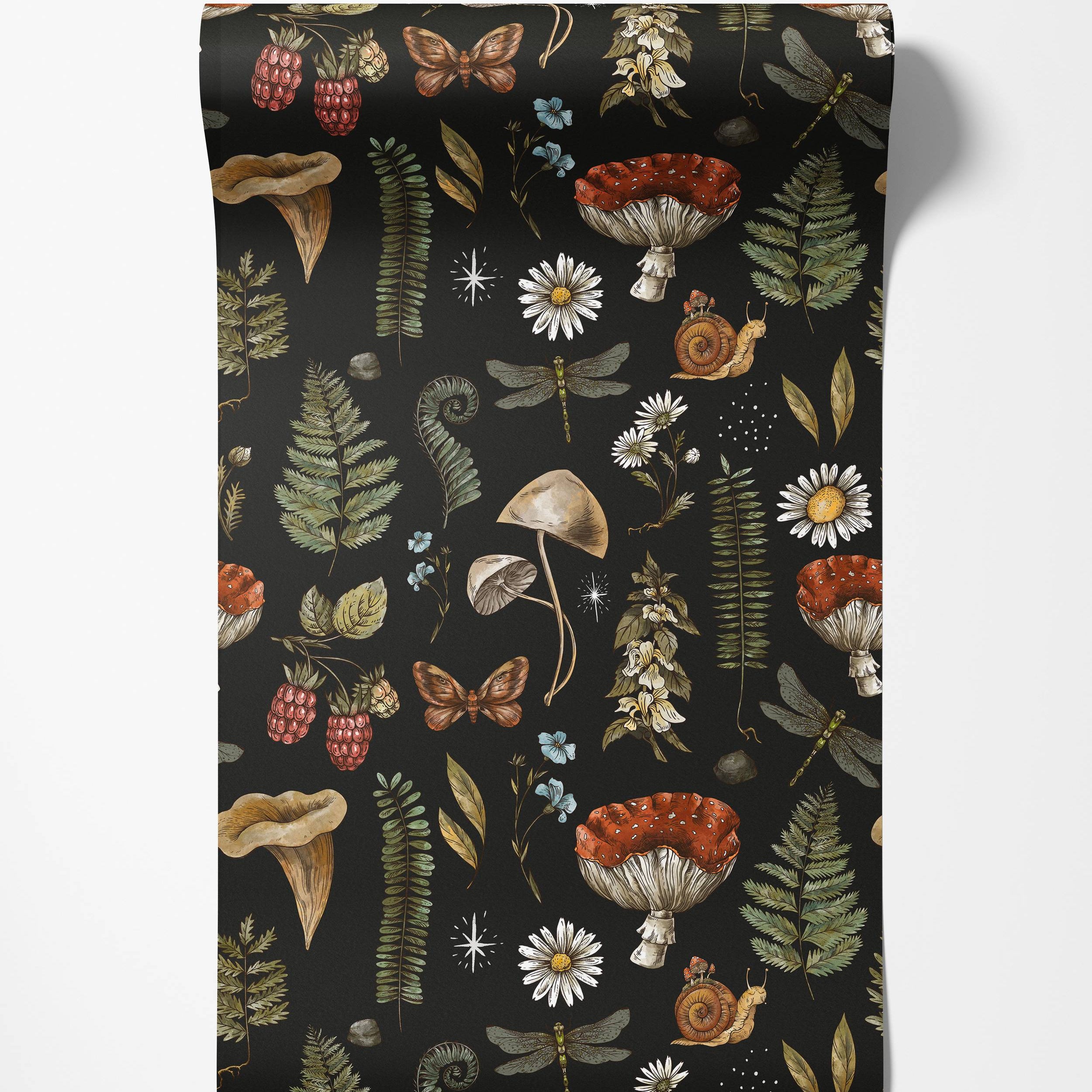 Vintage botanical wallpaper with mushrooms, ferns, dragonflies, and flowers on a dark charcoal background.