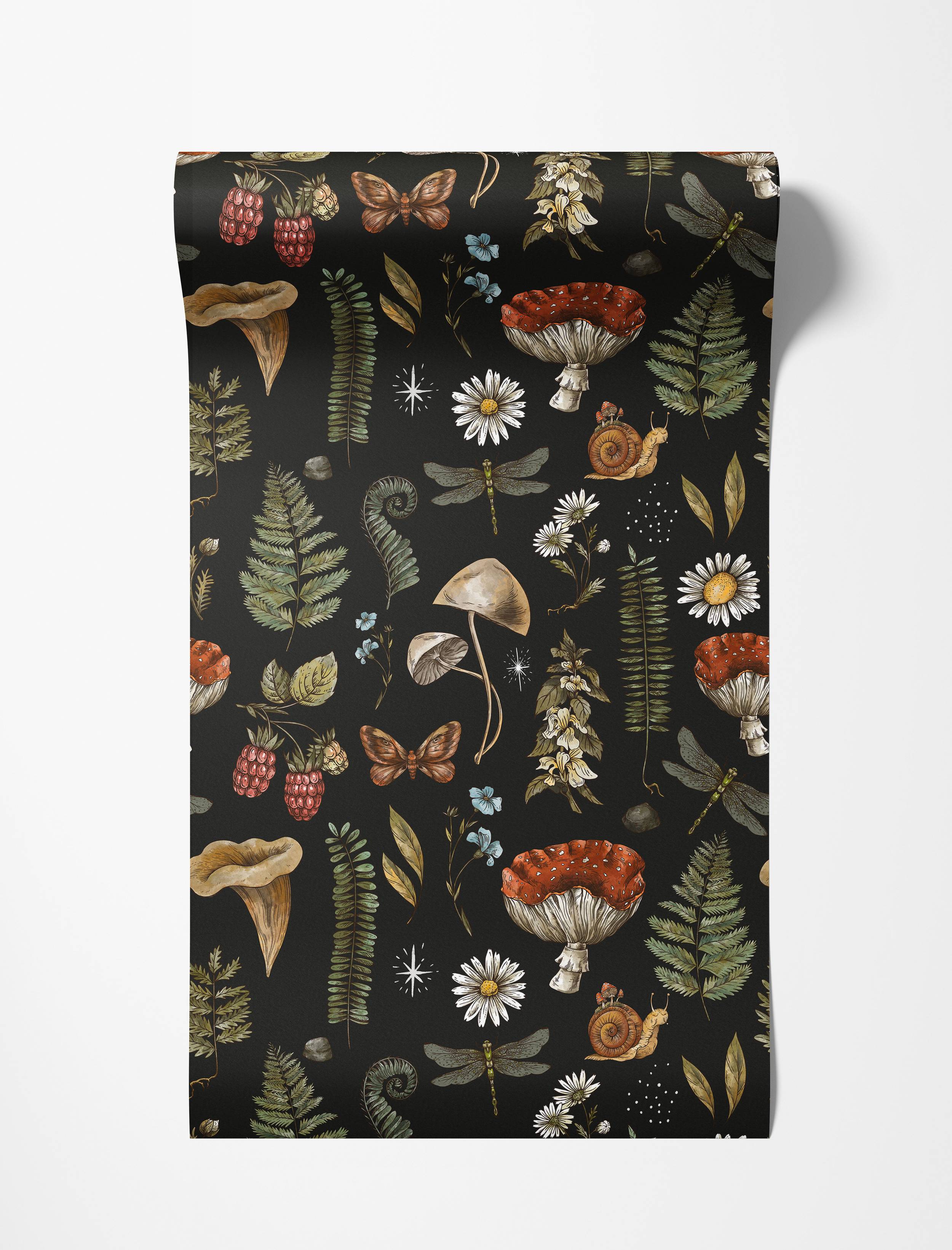 Vintage botanical wallpaper with mushrooms, ferns, dragonflies, and flowers on a dark charcoal background.