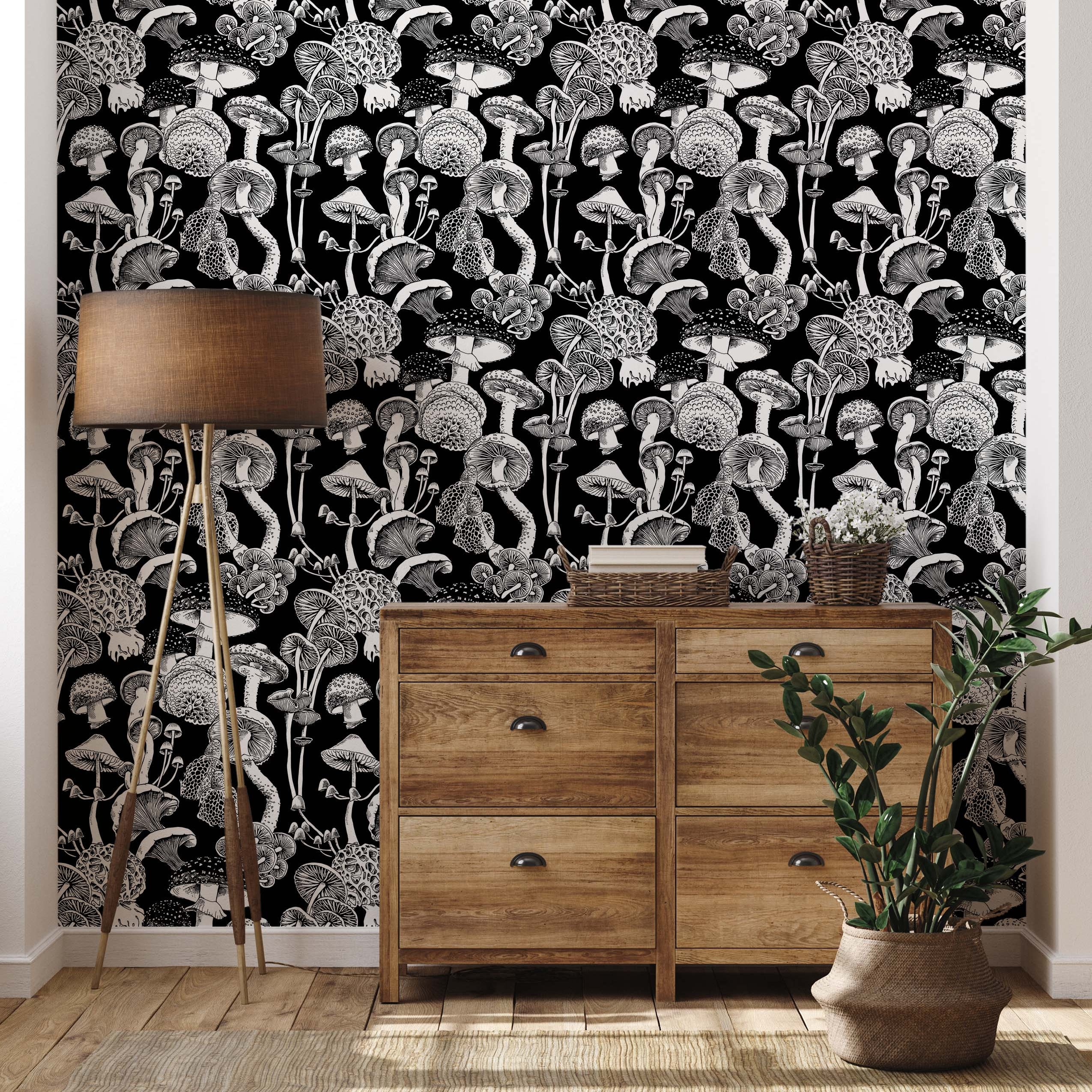A vintage-style botanical wallpaper with an intricate pattern of various mushrooms in black and white.