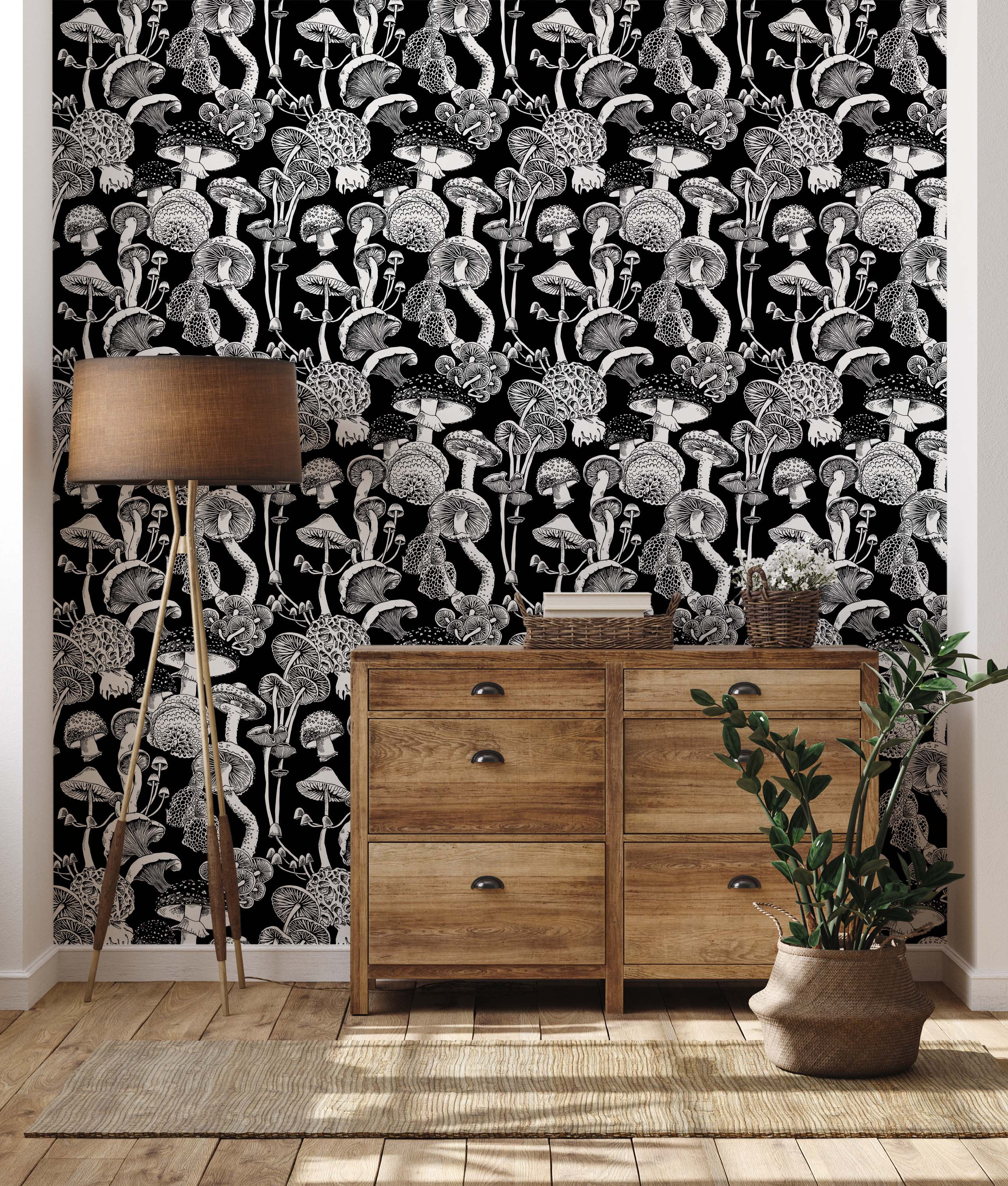 A vintage-style botanical wallpaper with an intricate pattern of various mushrooms in black and white.