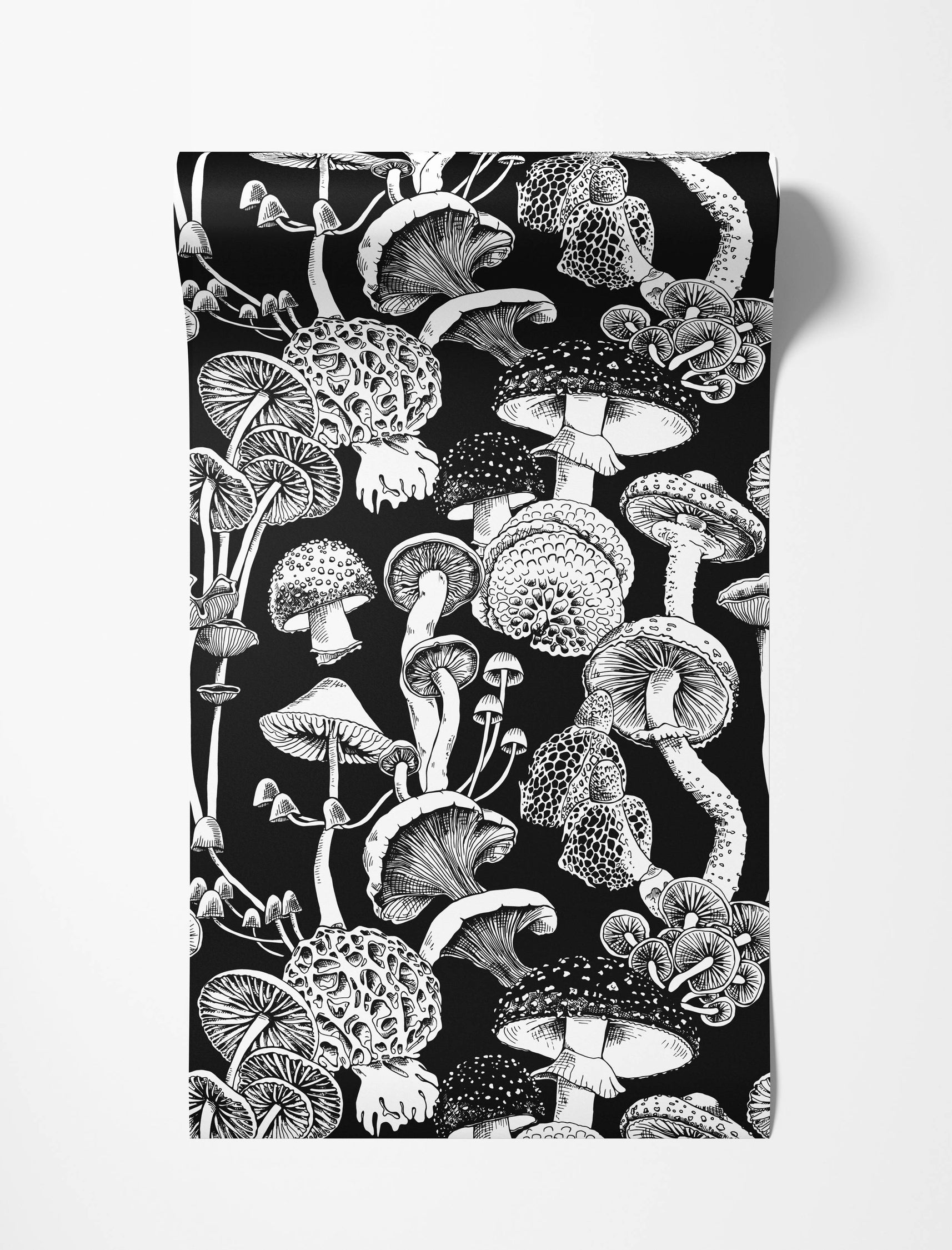 A black and white wallpaper featuring an illustrative, repeating pattern of various types of mushrooms.