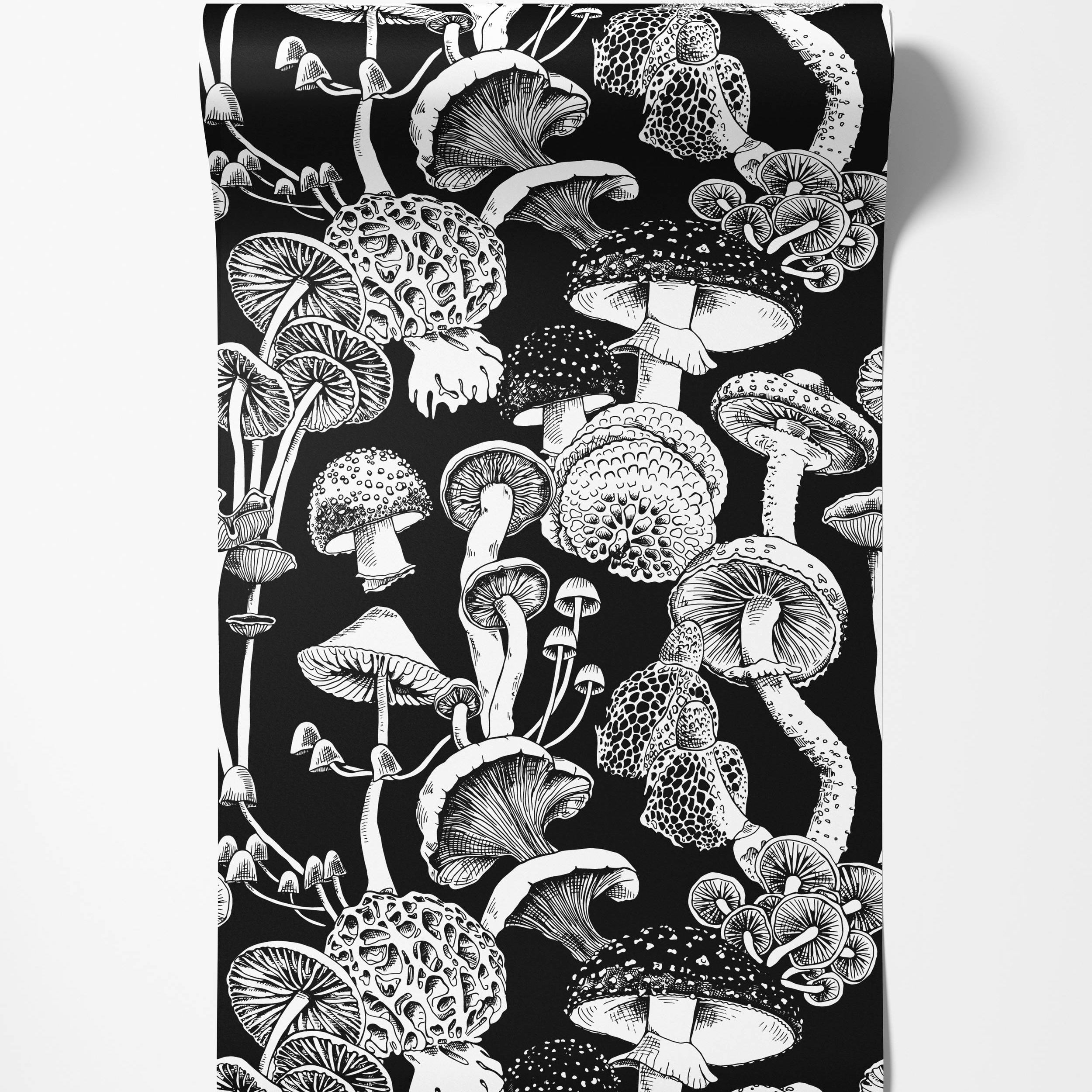 A black and white wallpaper featuring an illustrative, repeating pattern of various types of mushrooms.