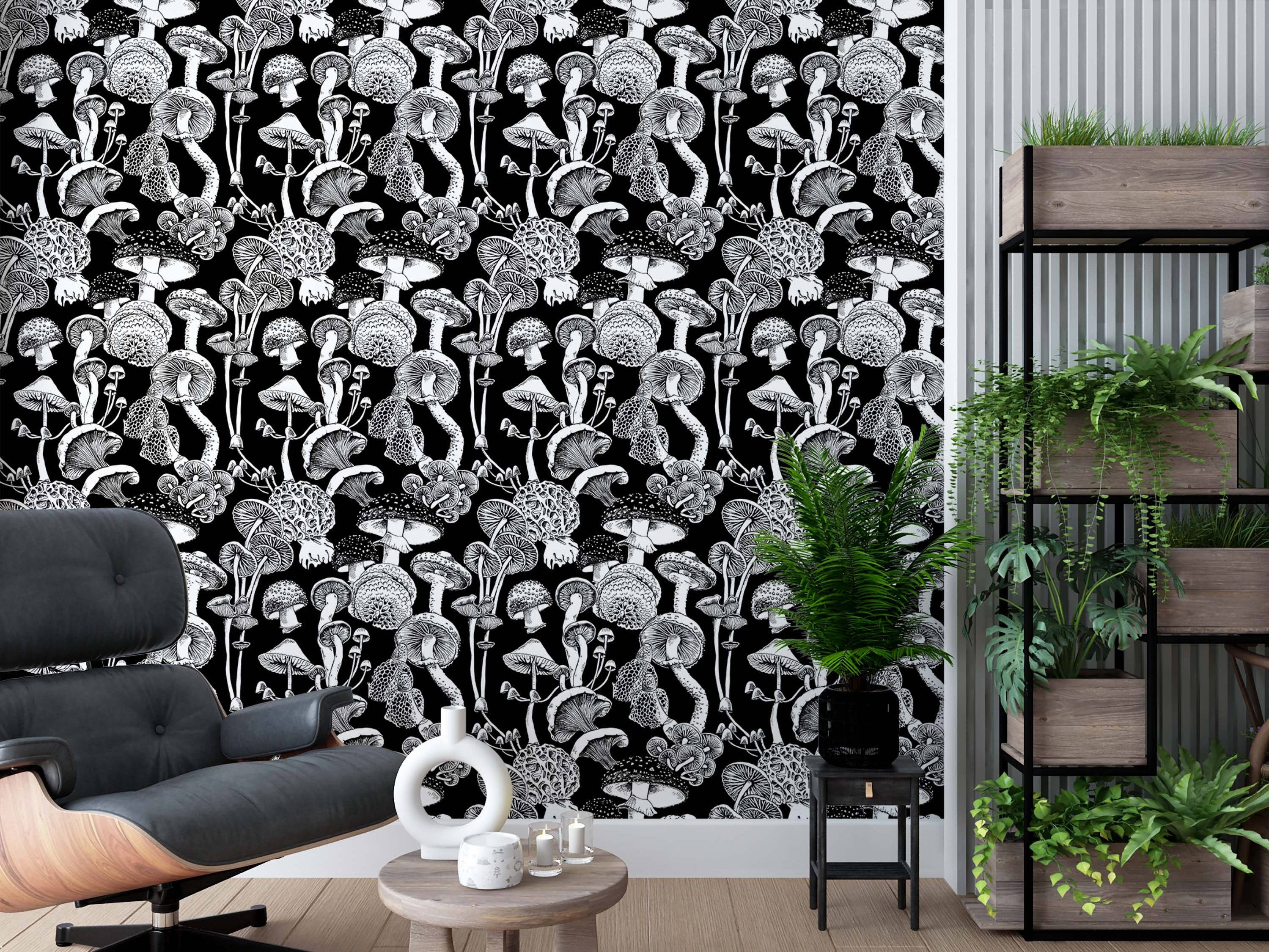 A detailed mushroom wallpaper featuring various fungi illustrated in white line art on a solid black background.