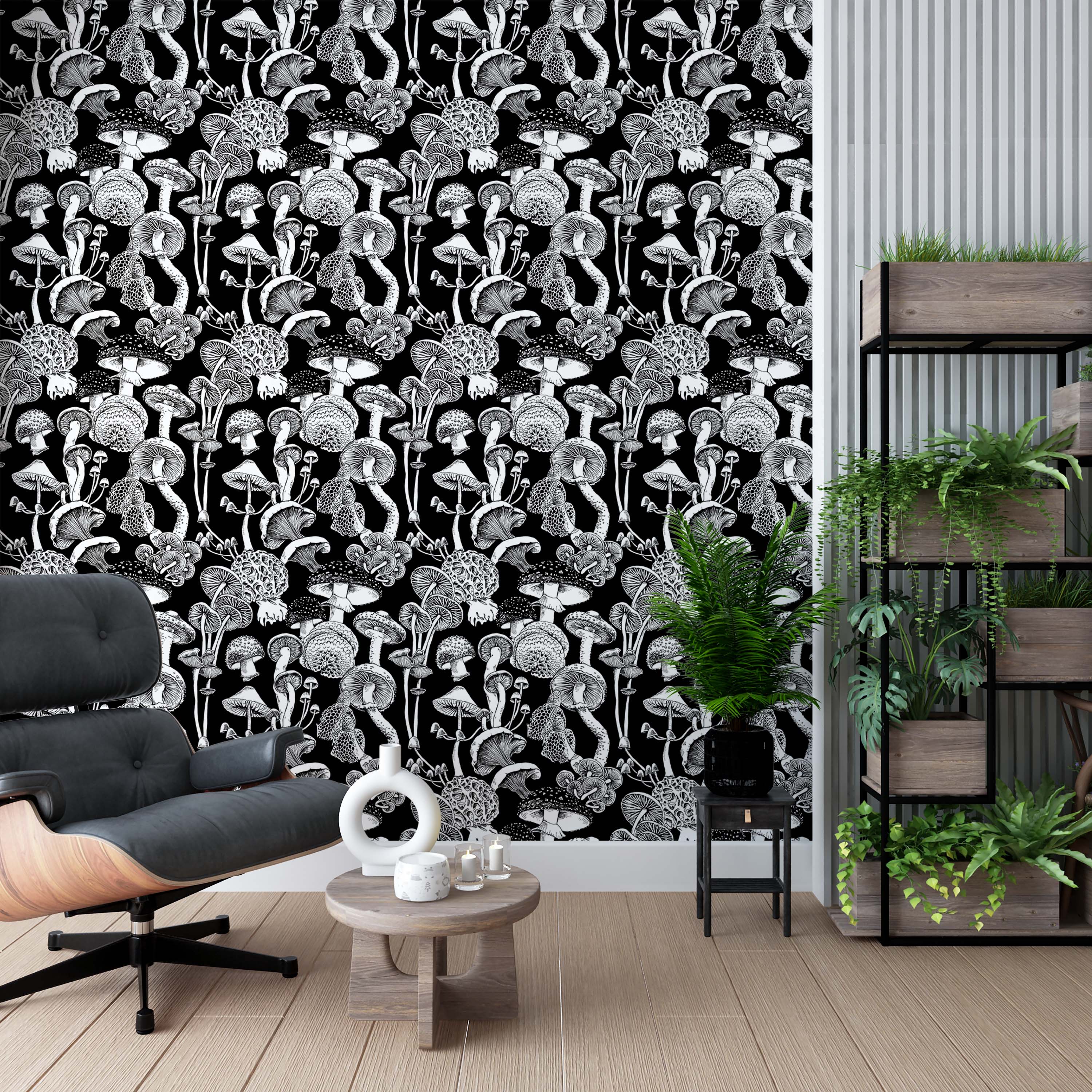 A detailed mushroom wallpaper featuring various fungi illustrated in white line art on a solid black background.