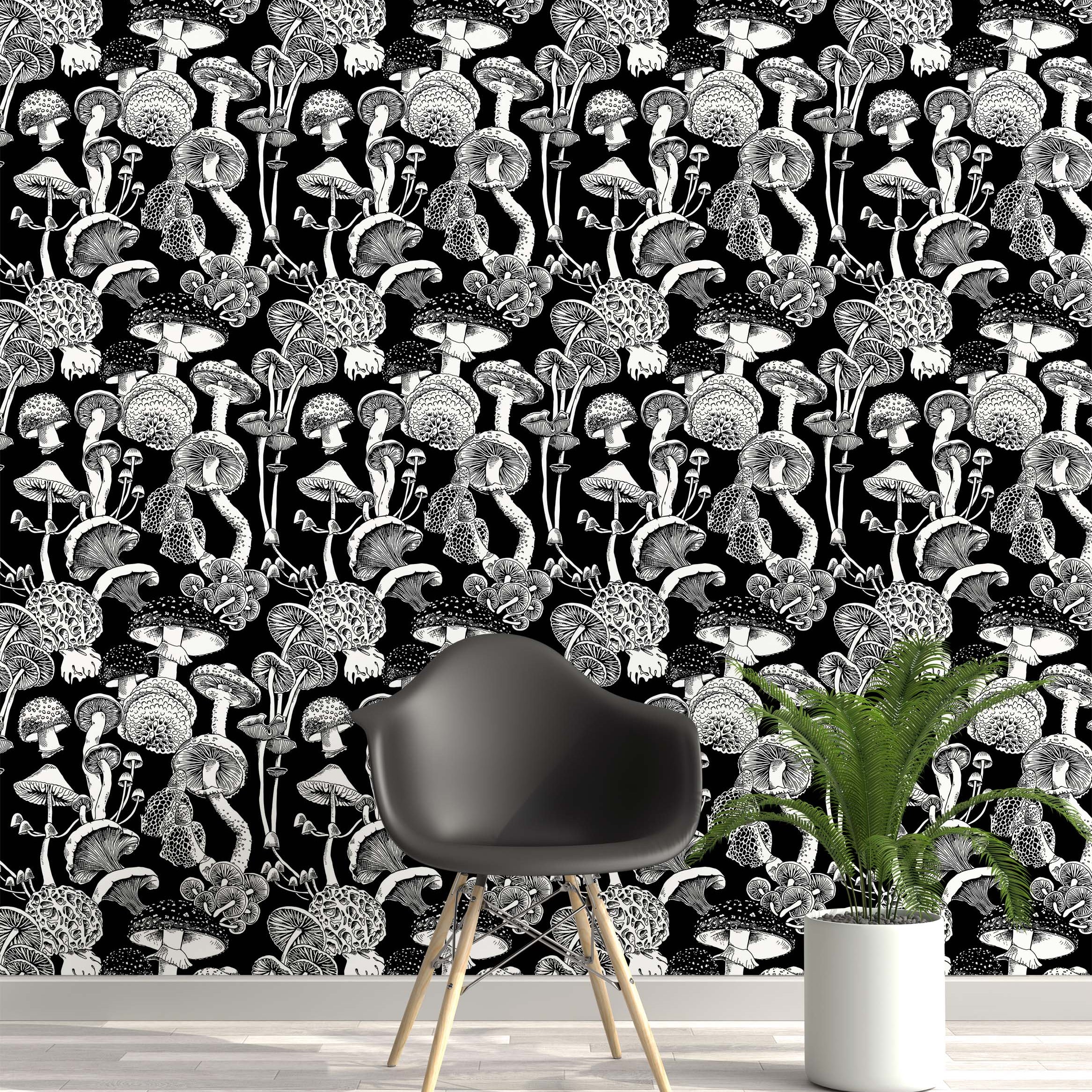A bold wallpaper featuring a repeating pattern of various illustrated mushrooms in black and white.