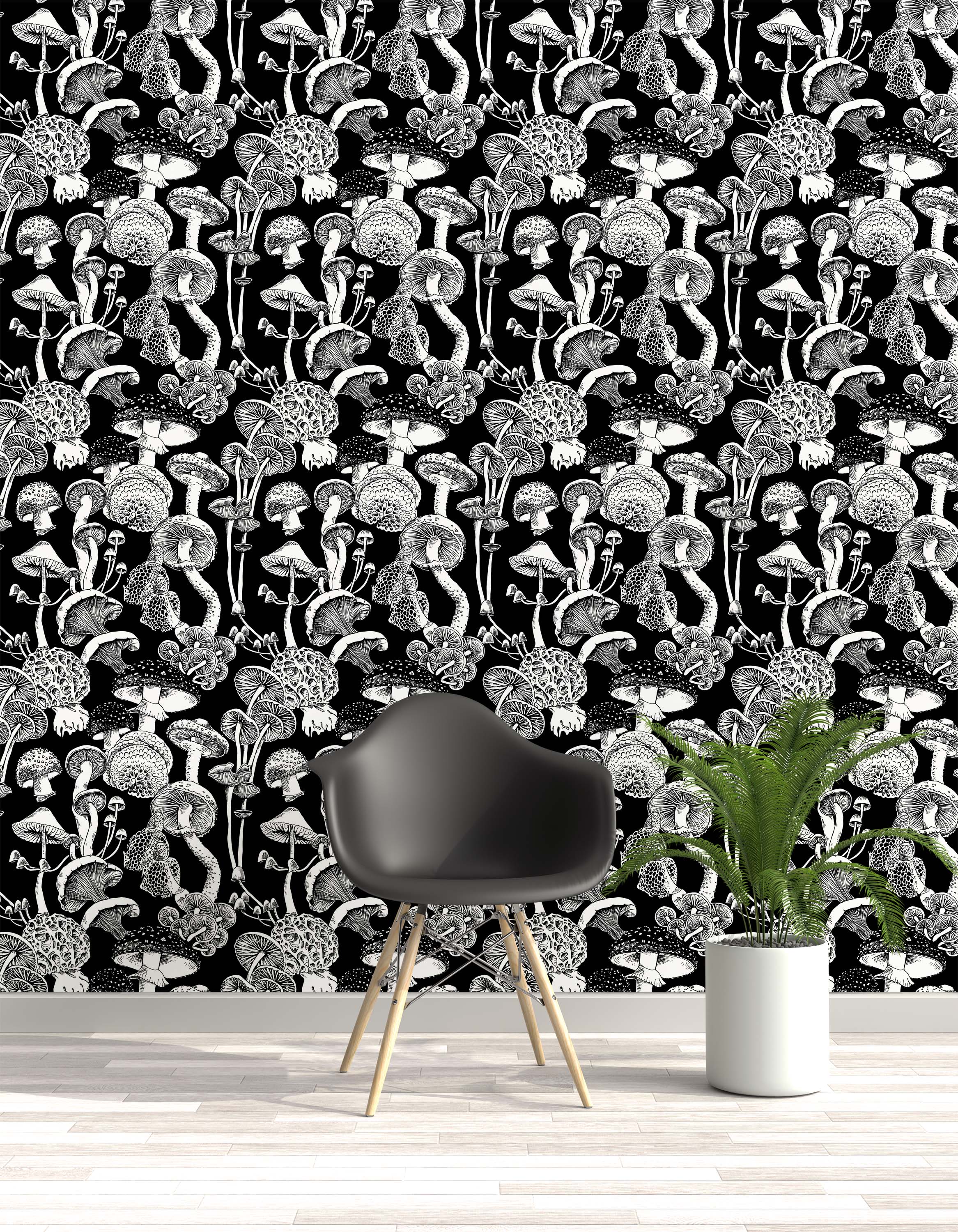 A bold wallpaper featuring a repeating pattern of various illustrated mushrooms in black and white.