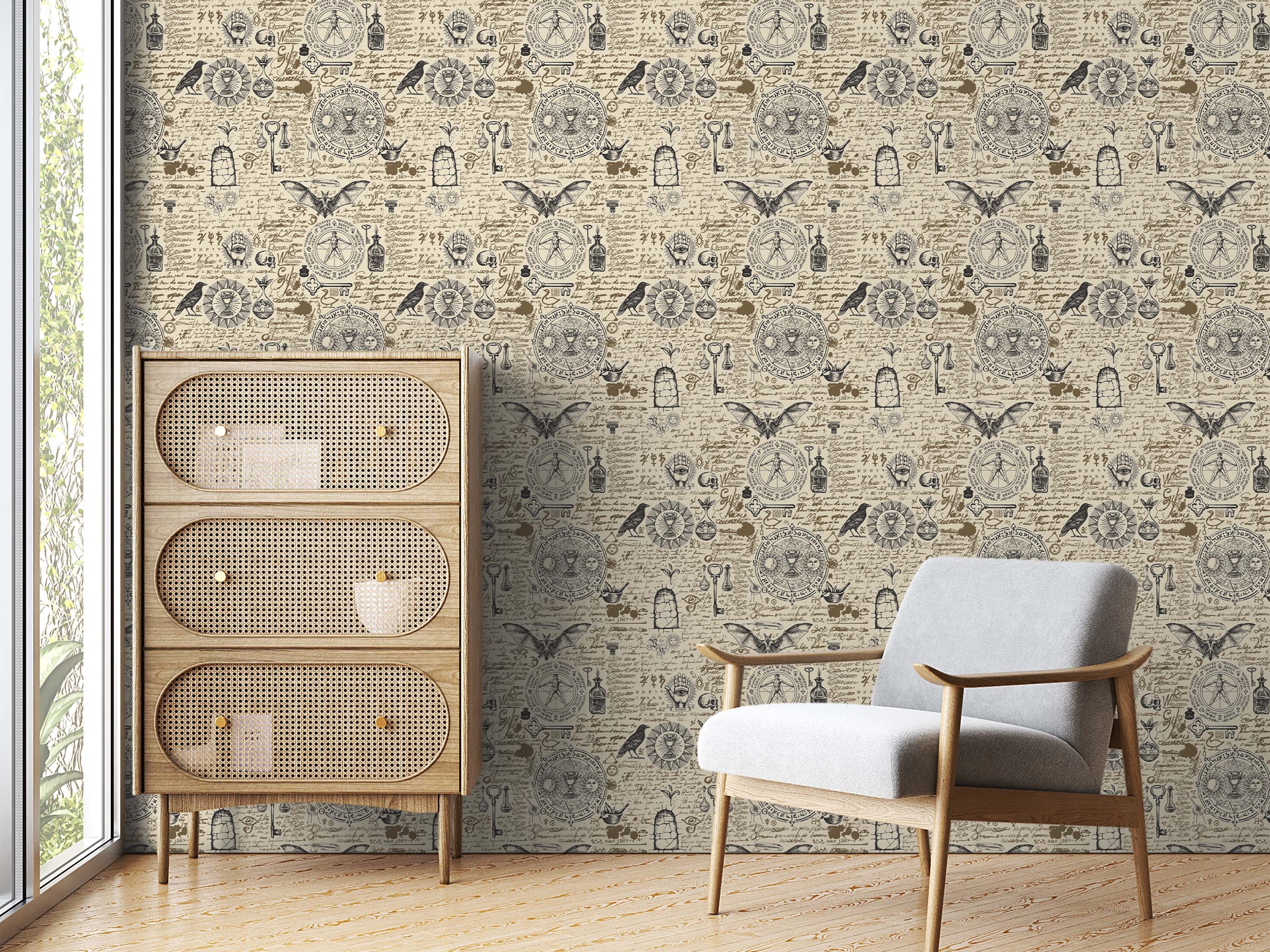 Beige wallpaper with a repeating pattern of vintage black and brown mystical symbols, alchemical diagrams, and esoteric script.