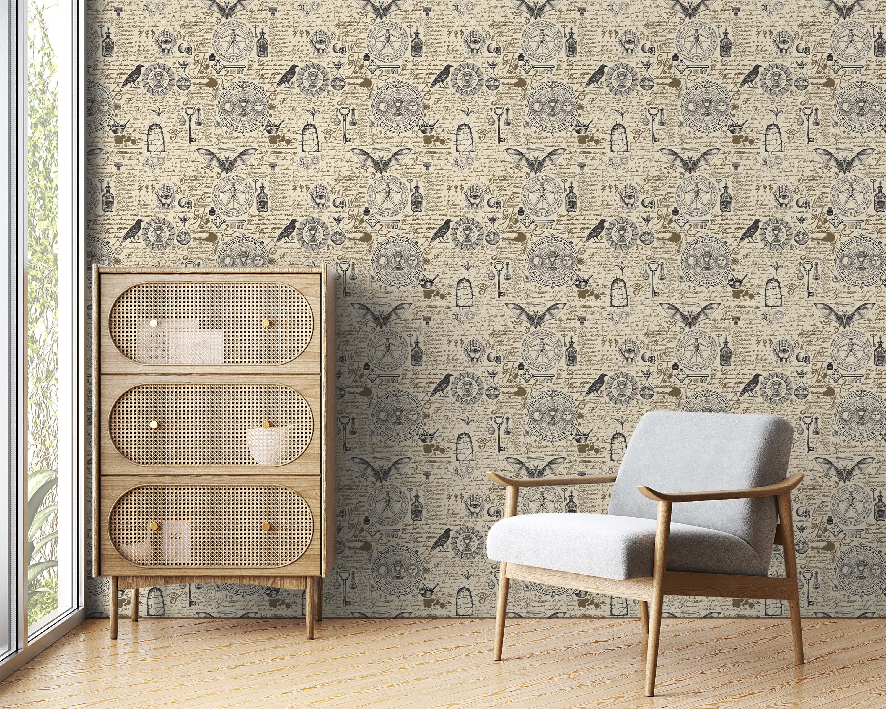 Beige wallpaper with a repeating pattern of vintage black and brown mystical symbols, alchemical diagrams, and esoteric script.