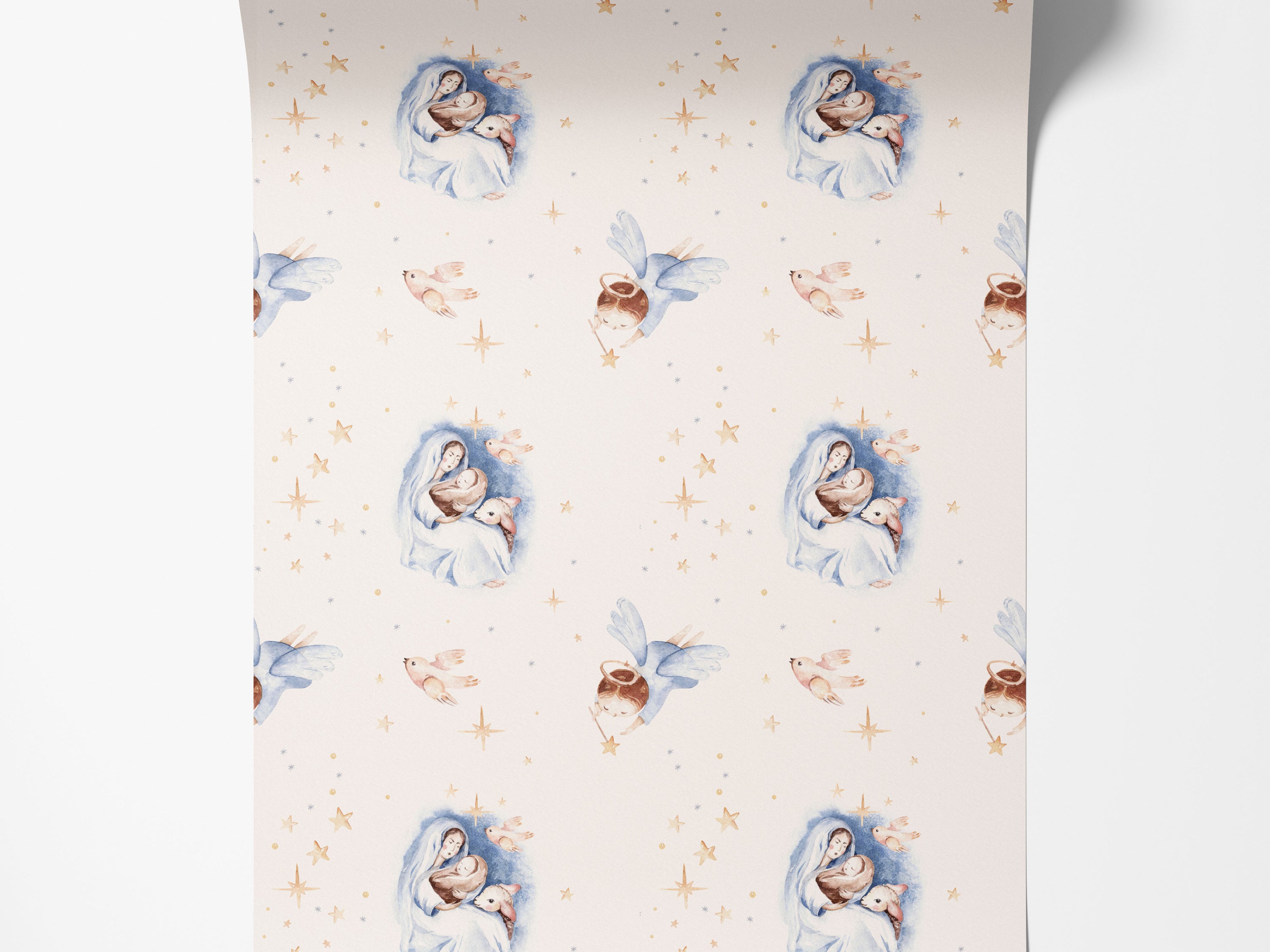 Watercolor wallpaper with repeating Nativity scenes, angels, birds, and stars in soft blues, browns, and creams.