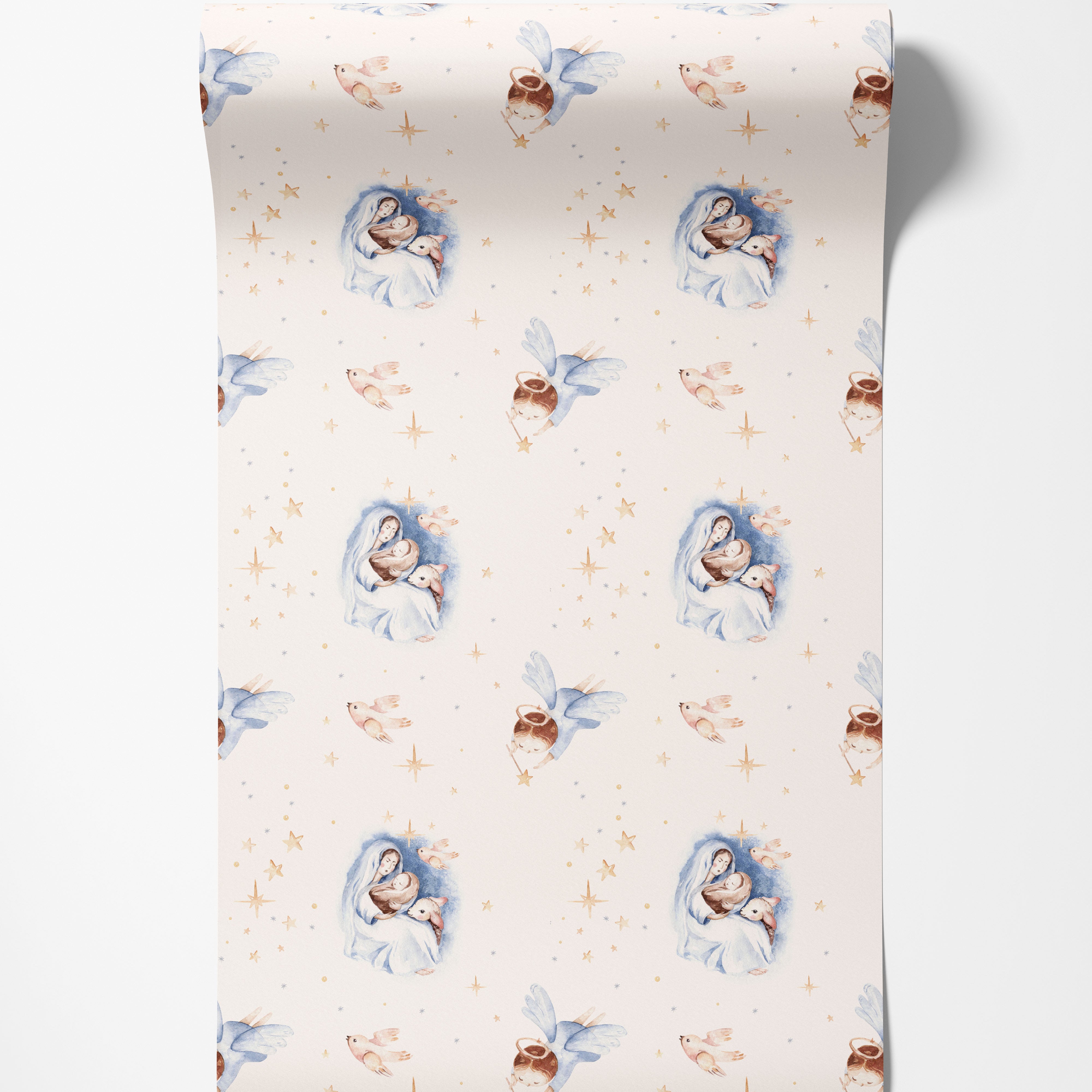 Watercolor wallpaper with repeating Nativity scenes, angels, birds, and stars in soft blues, browns, and creams.