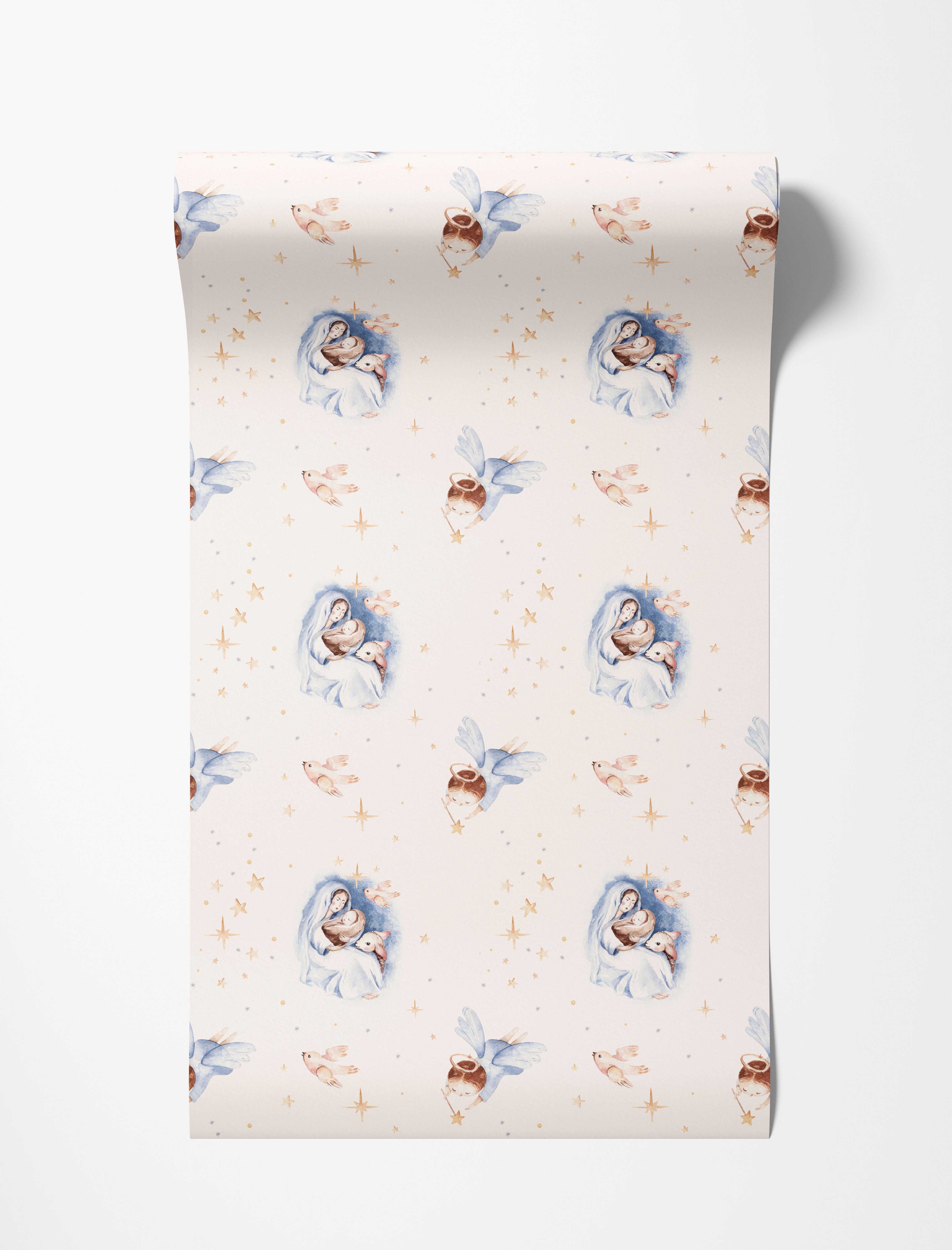 Watercolor wallpaper with repeating Nativity scenes, angels, birds, and stars in soft blues, browns, and creams.