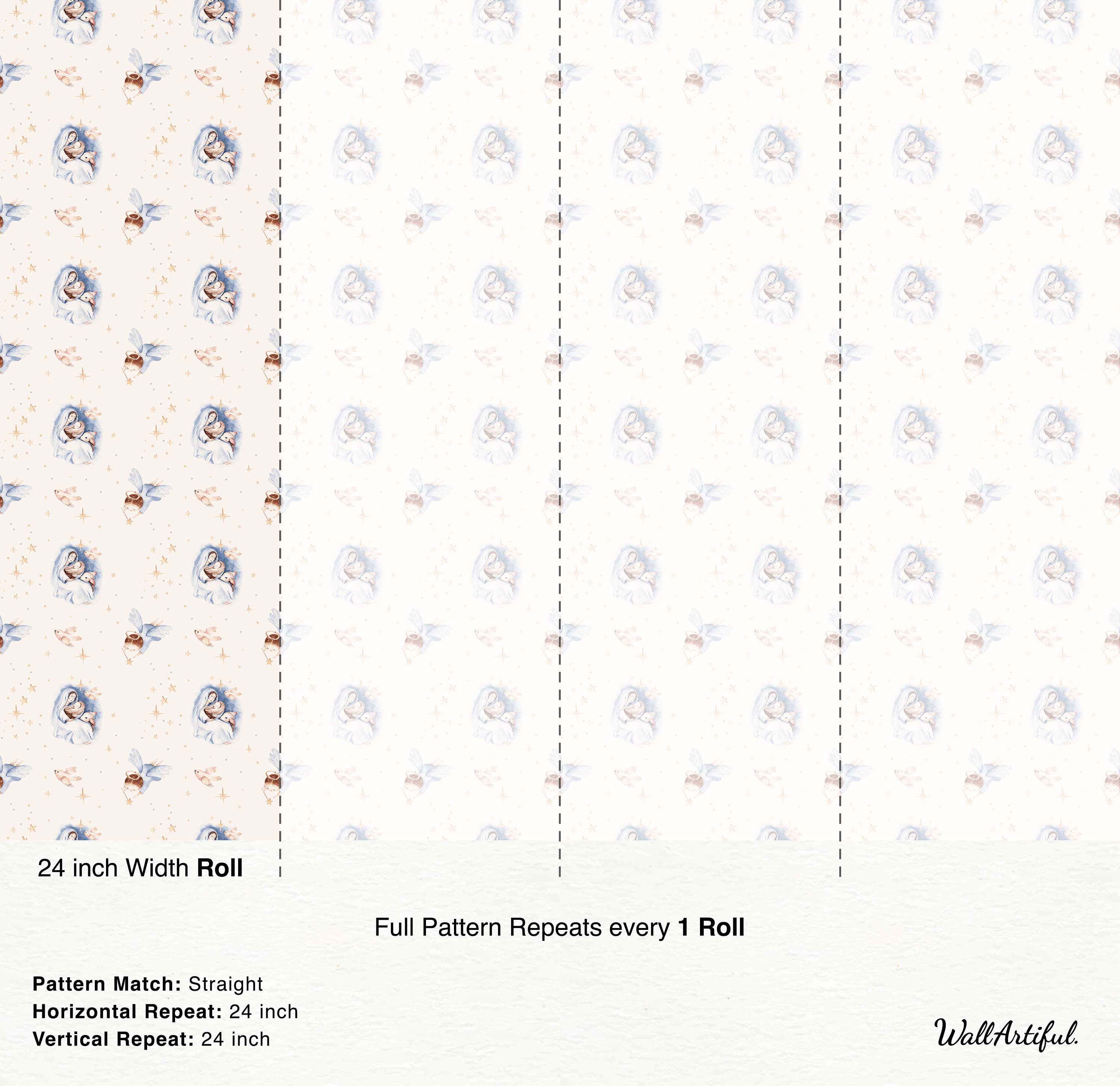 Wallpaper featuring a delicate repeating pattern of watercolor Nativity scenes, angels, and stars in soft blues and beiges.