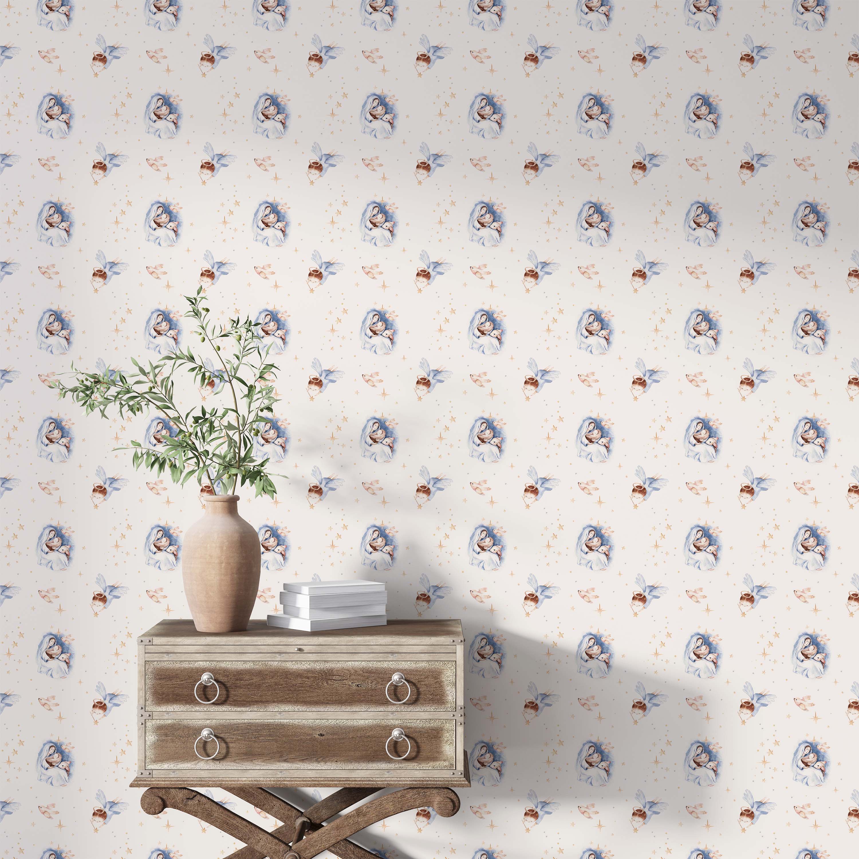 Watercolor wallpaper with a repeating pattern of Nativity scenes, blue-winged angels, and gold stars on a light background.