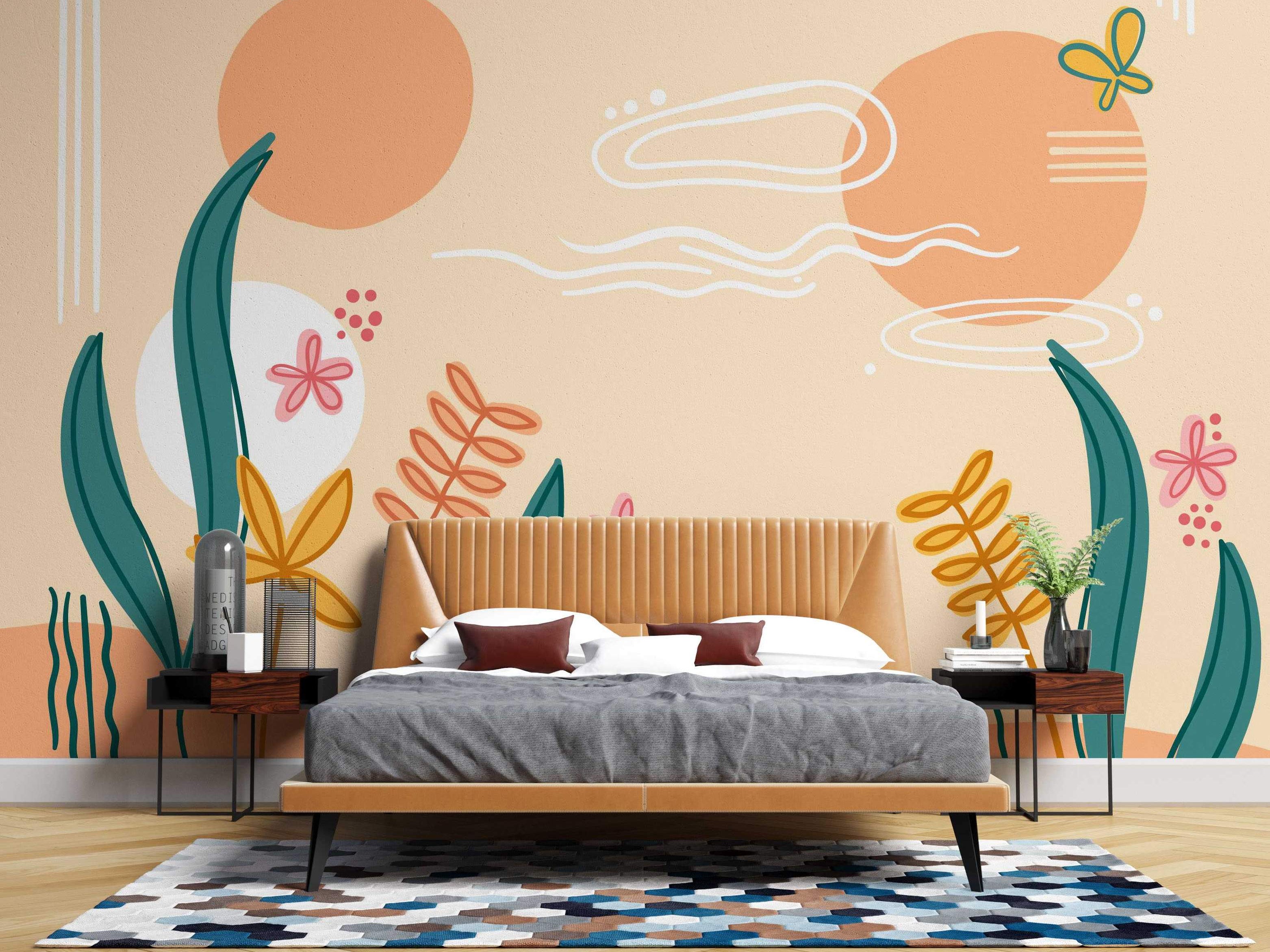 Abstract nature mural with teal leaves, orange circles, white wavy lines, and pink flowers on a peach background.