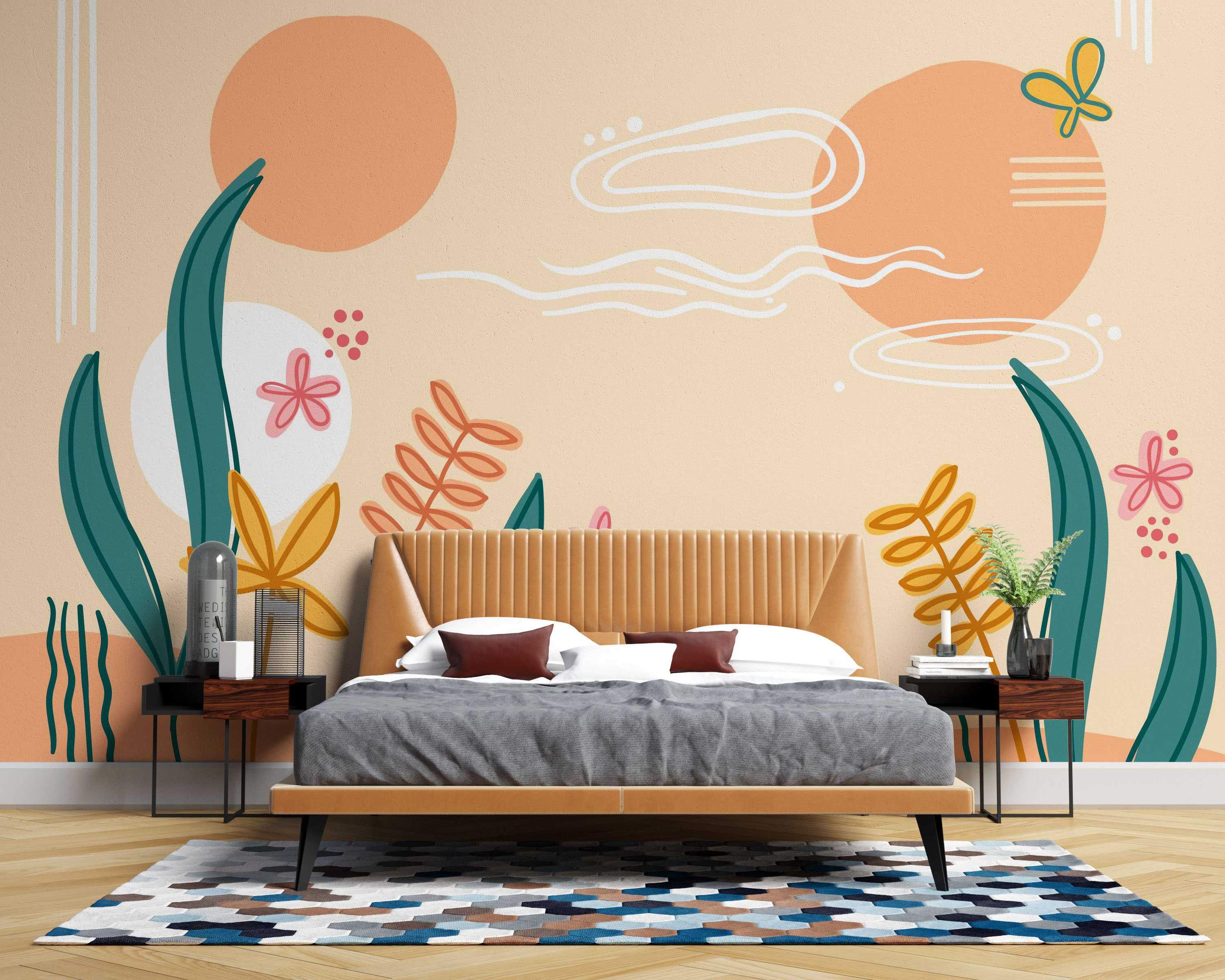 Abstract nature mural with teal leaves, orange circles, white wavy lines, and pink flowers on a peach background.