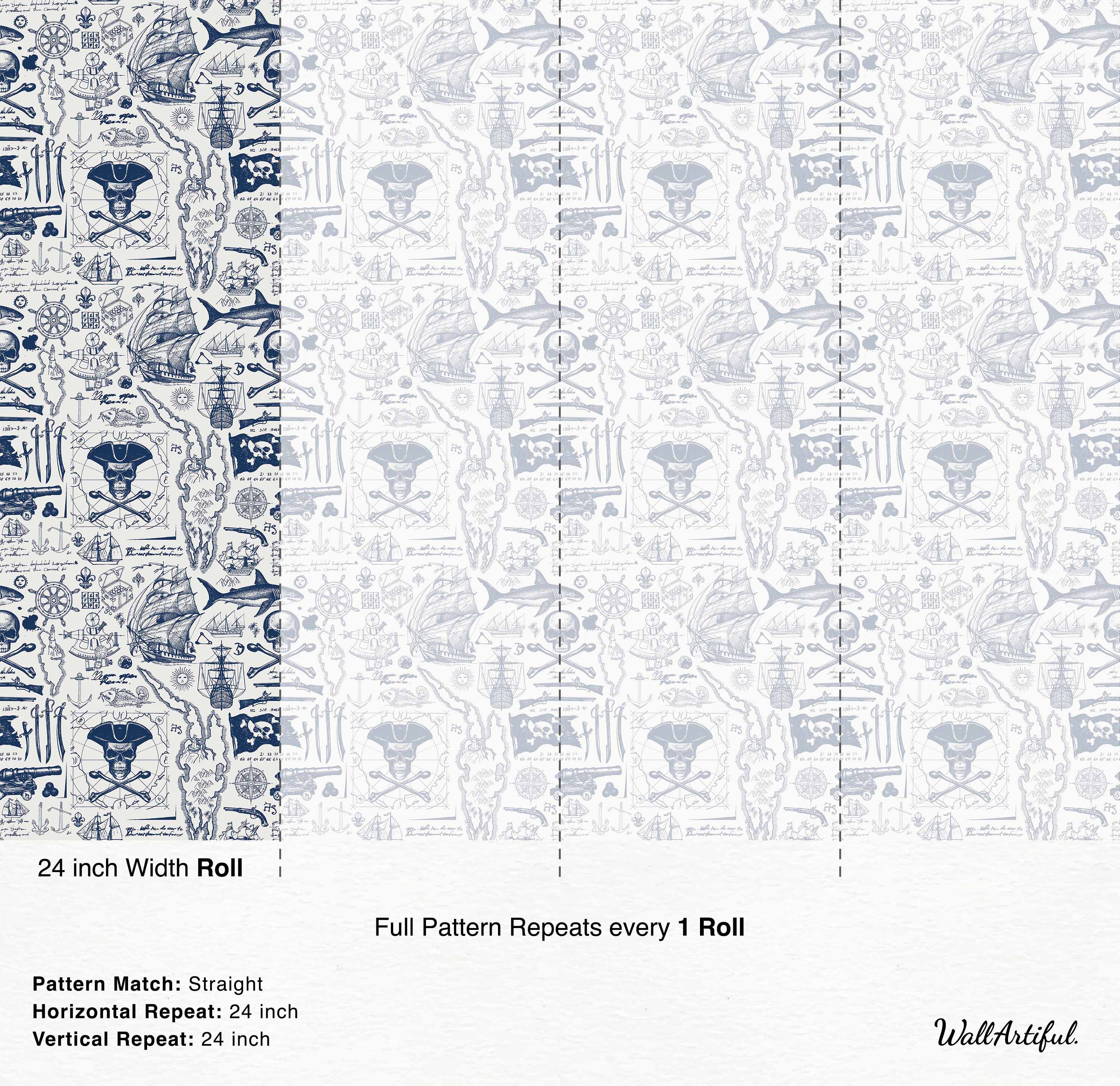 Nautical-themed blue and white wallpaper with ships and marine motifs