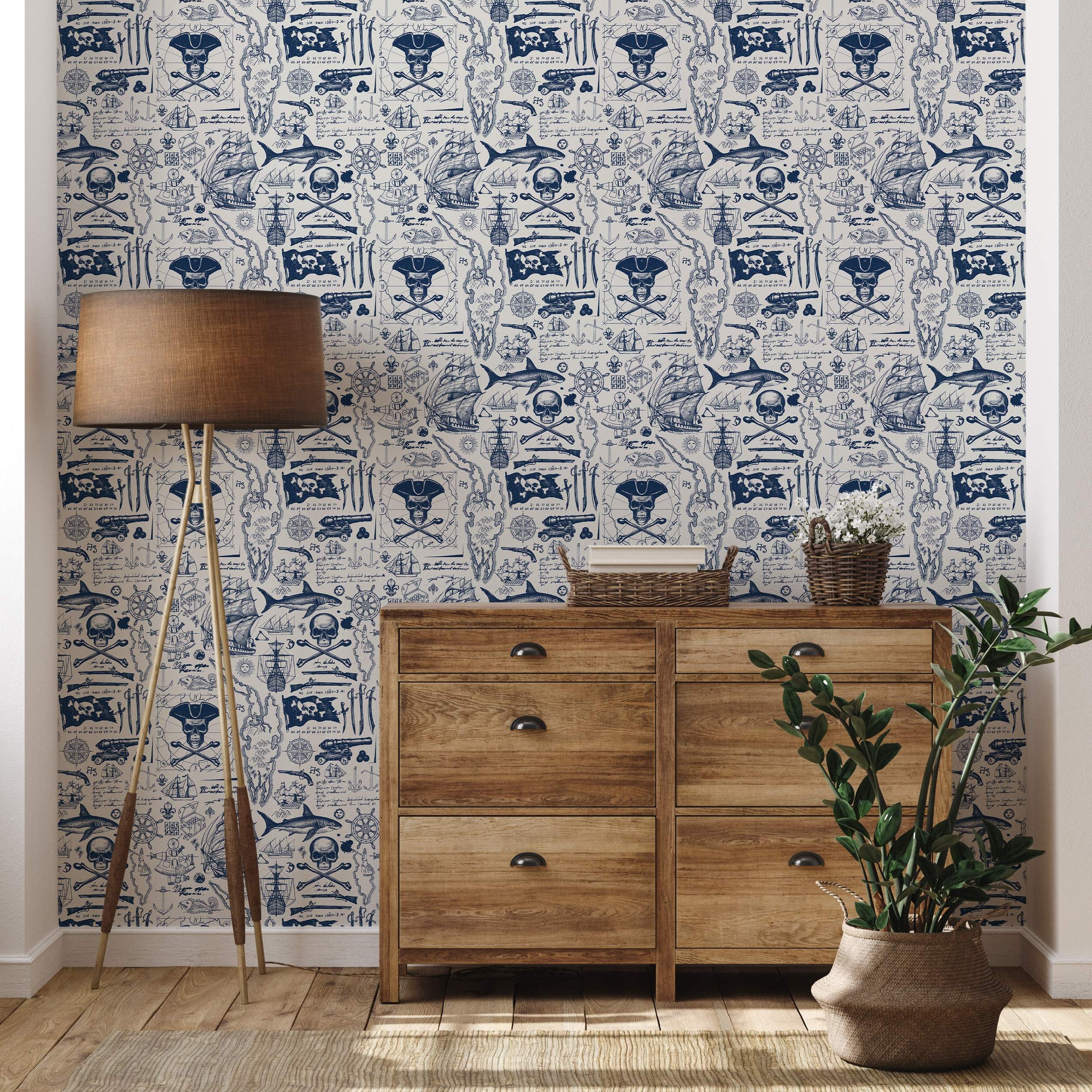 Blue nautical themed wallpaper with sharks and marine motifs.