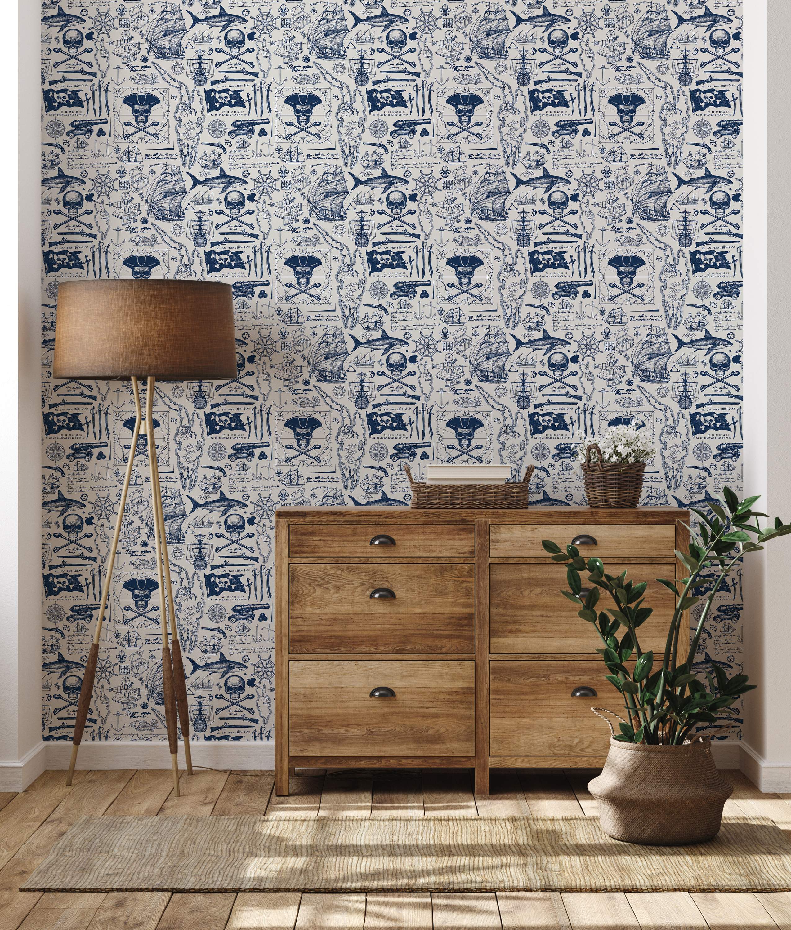Blue nautical themed wallpaper with sharks and marine motifs.