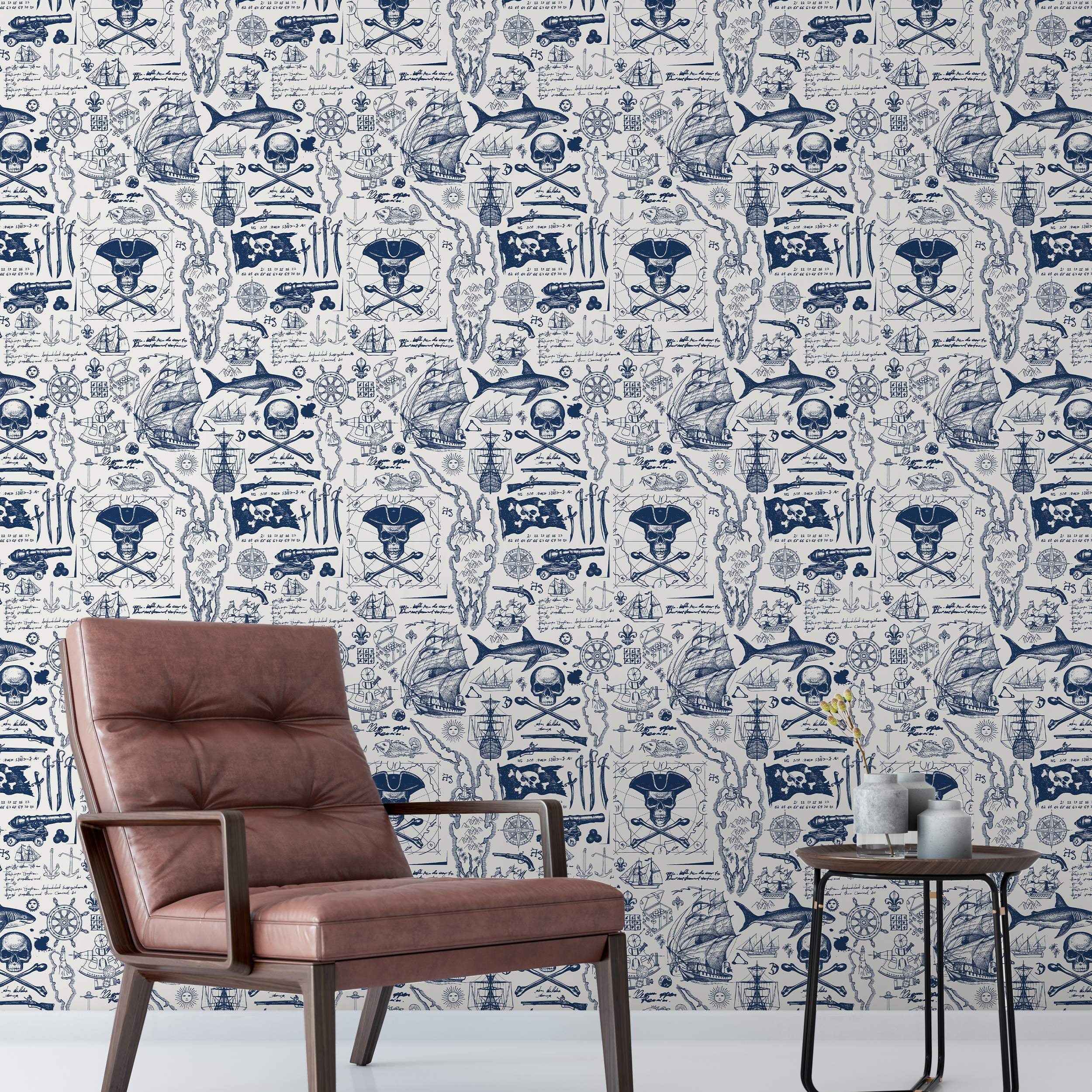 Blue and white nautical-themed repeating pattern wallpaper