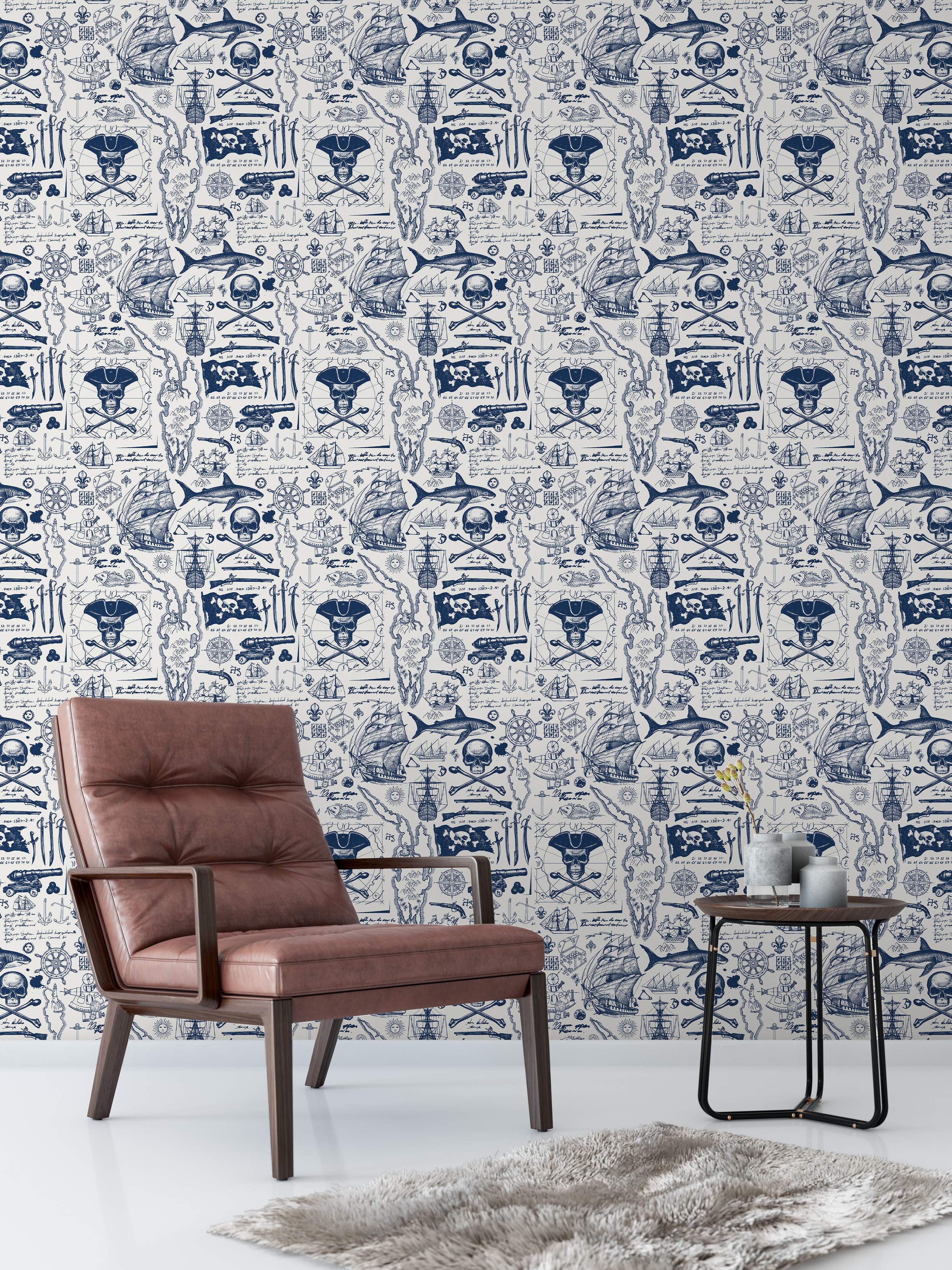 Blue and white nautical-themed repeating pattern wallpaper