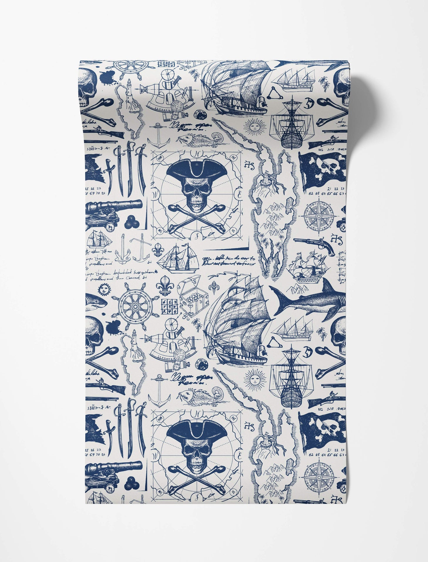 Blue nautical pirate-themed wallpaper with ships and skulls.
