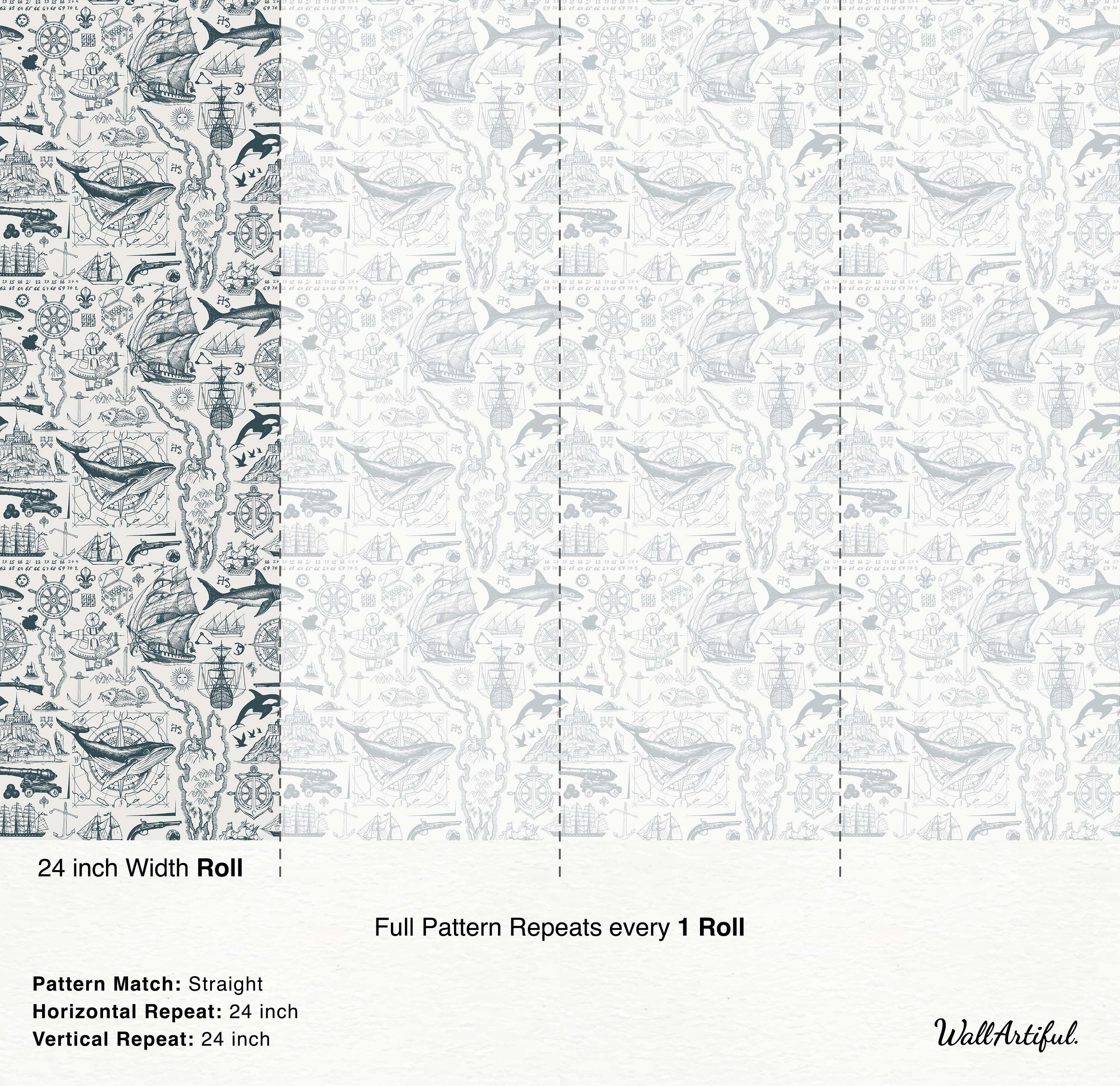 Vintage nautical sketch wallpaper with blue-gray ships, whales, and maps on a textured off-white background.