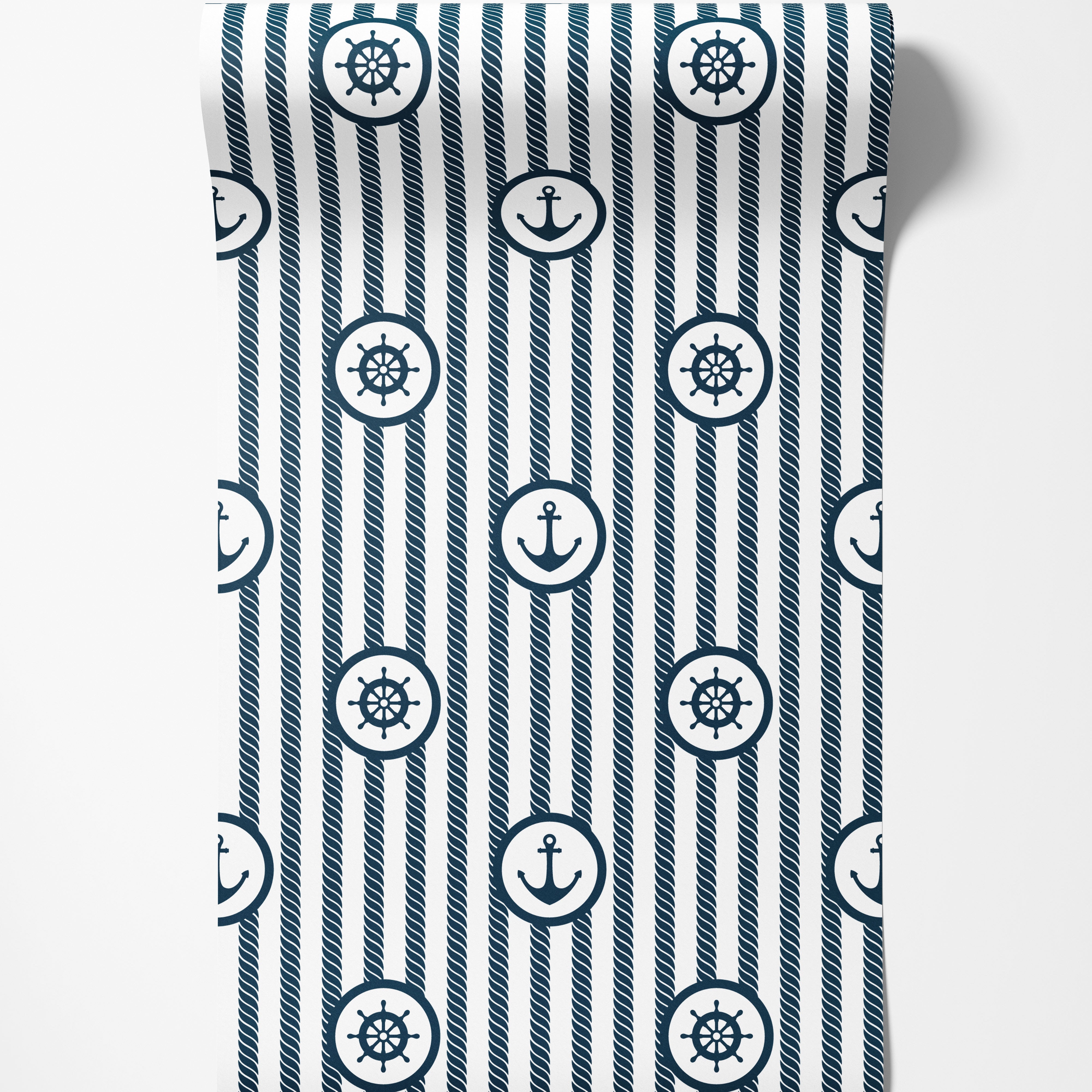 Nautical wallpaper with navy blue rope stripes alternating with circles containing ship's wheels and anchors on a white background.