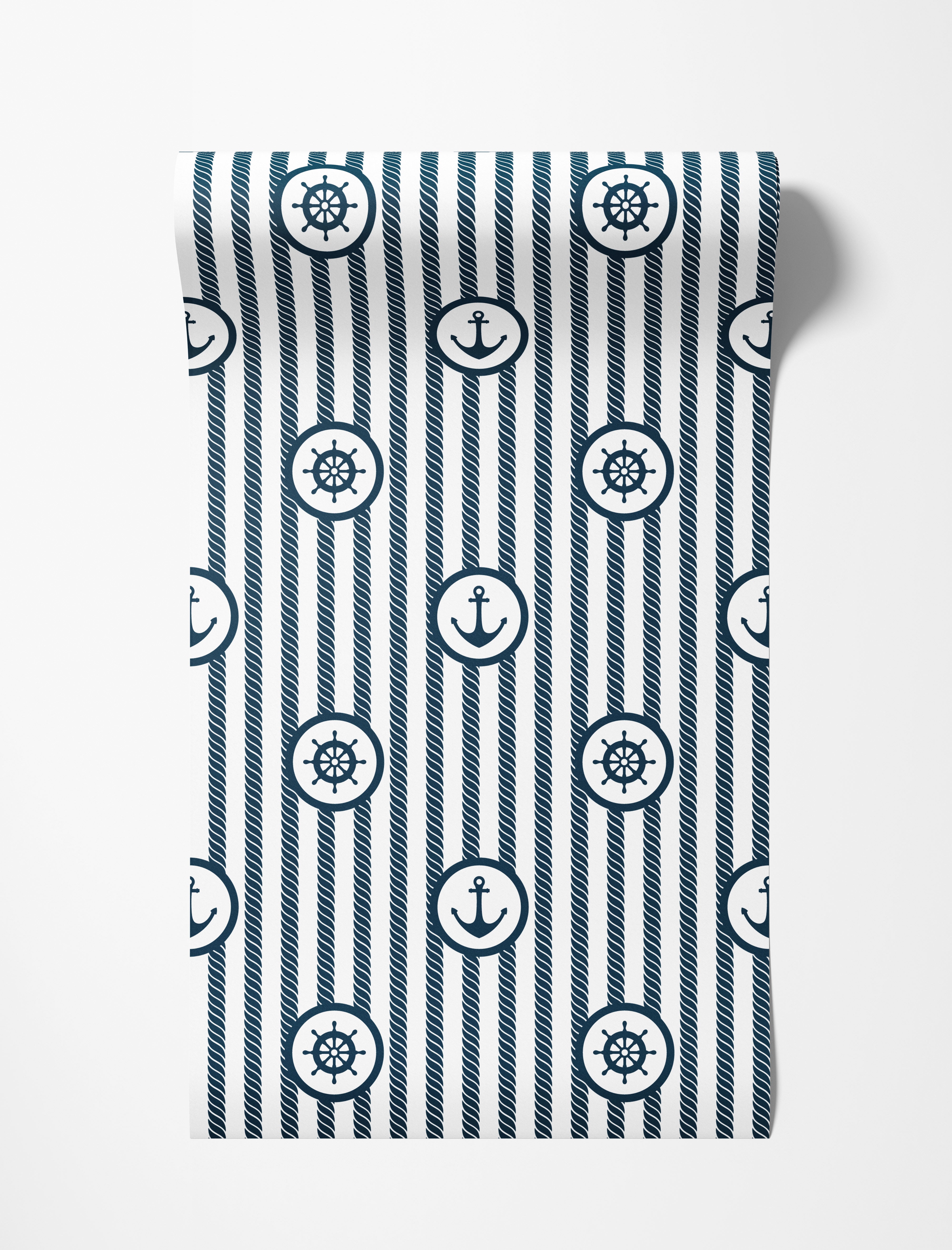 Nautical wallpaper with navy blue rope stripes alternating with circles containing ship's wheels and anchors on a white background.