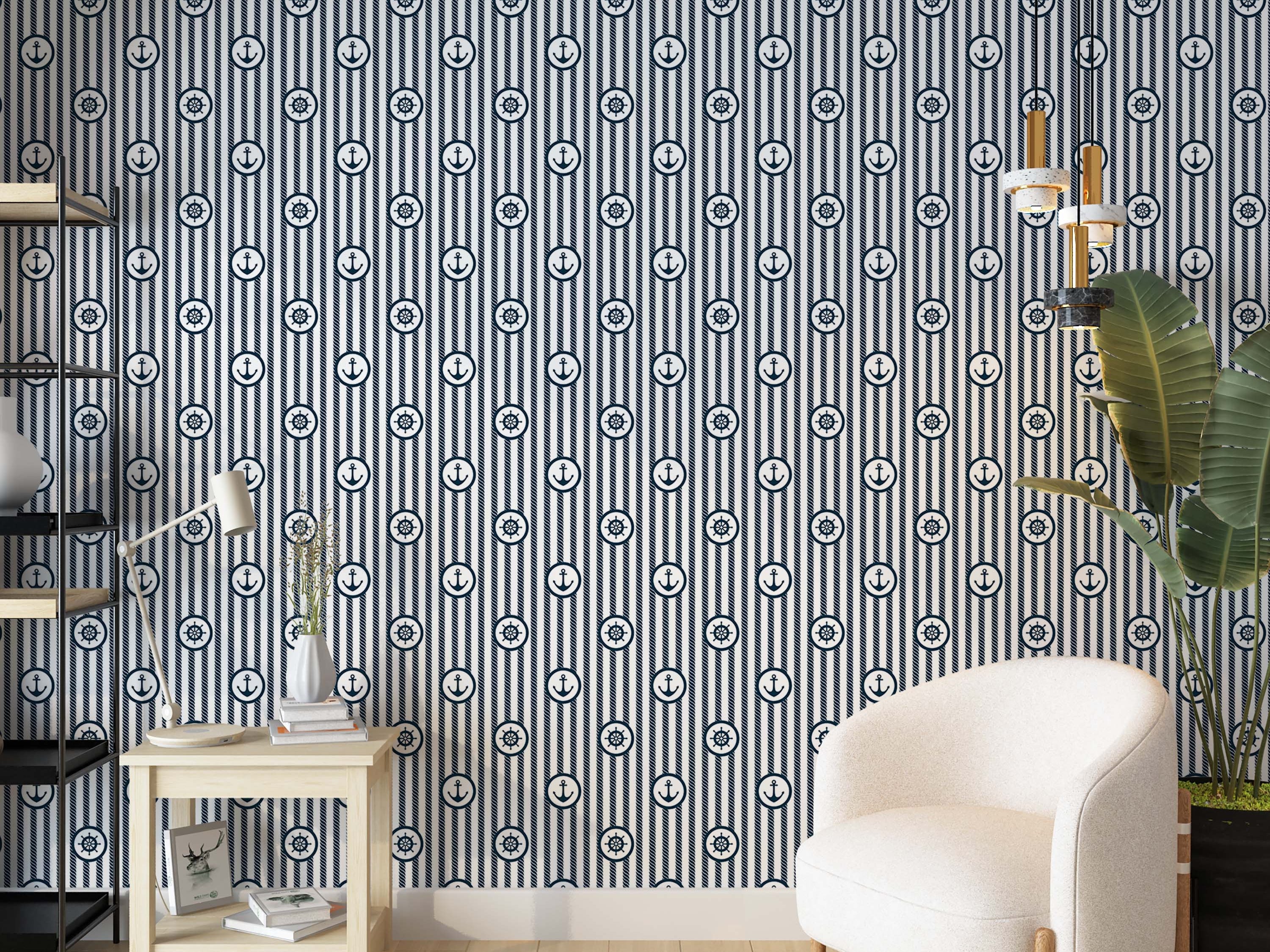Wallpaper featuring navy blue and white vertical stripes with alternating navy blue anchor and ship's wheel icons.