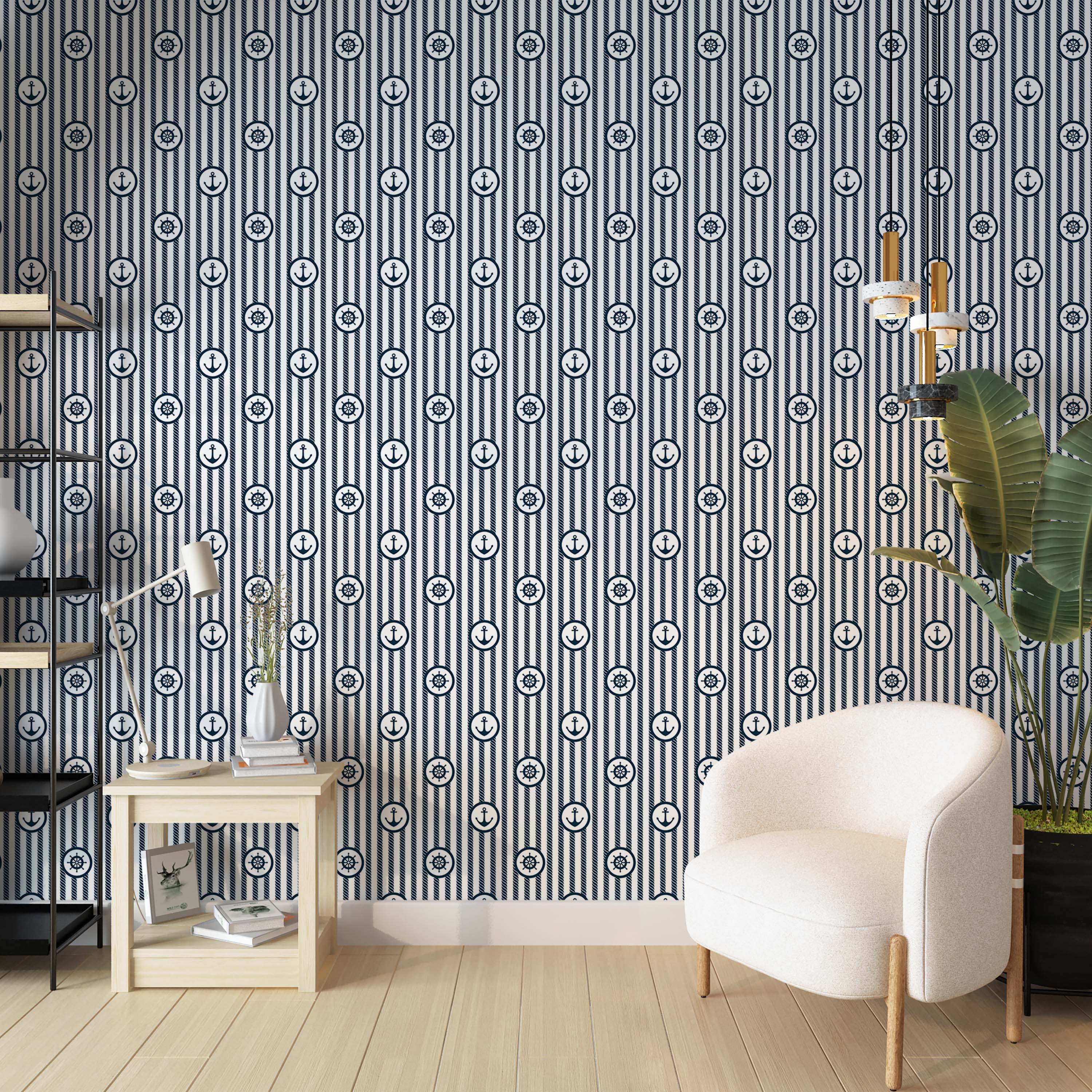 Wallpaper featuring navy blue and white vertical stripes with alternating navy blue anchor and ship's wheel icons.