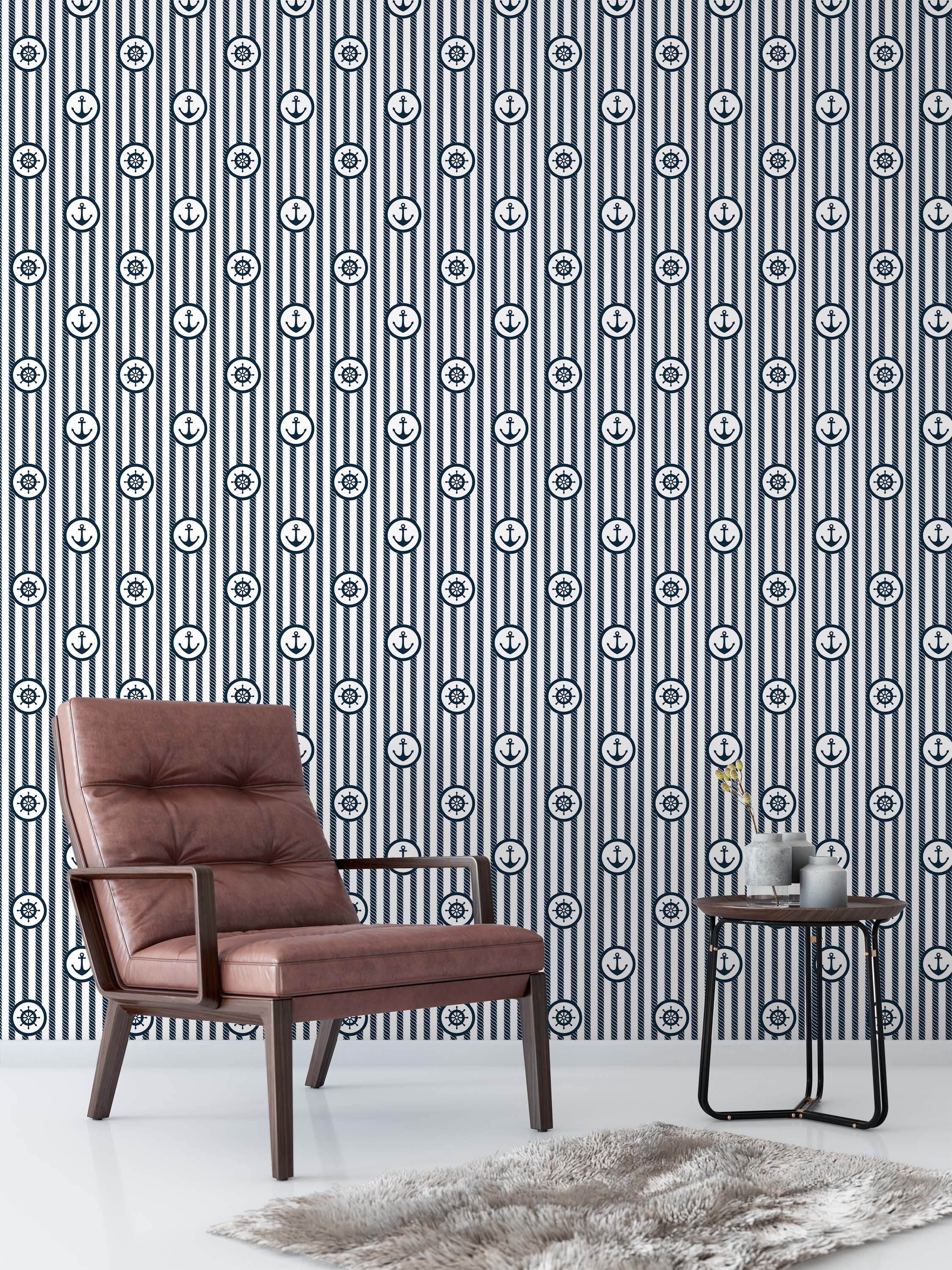 Wallpaper featuring vertical navy blue rope stripes and white stripes, adorned with alternating anchor and helm icons.