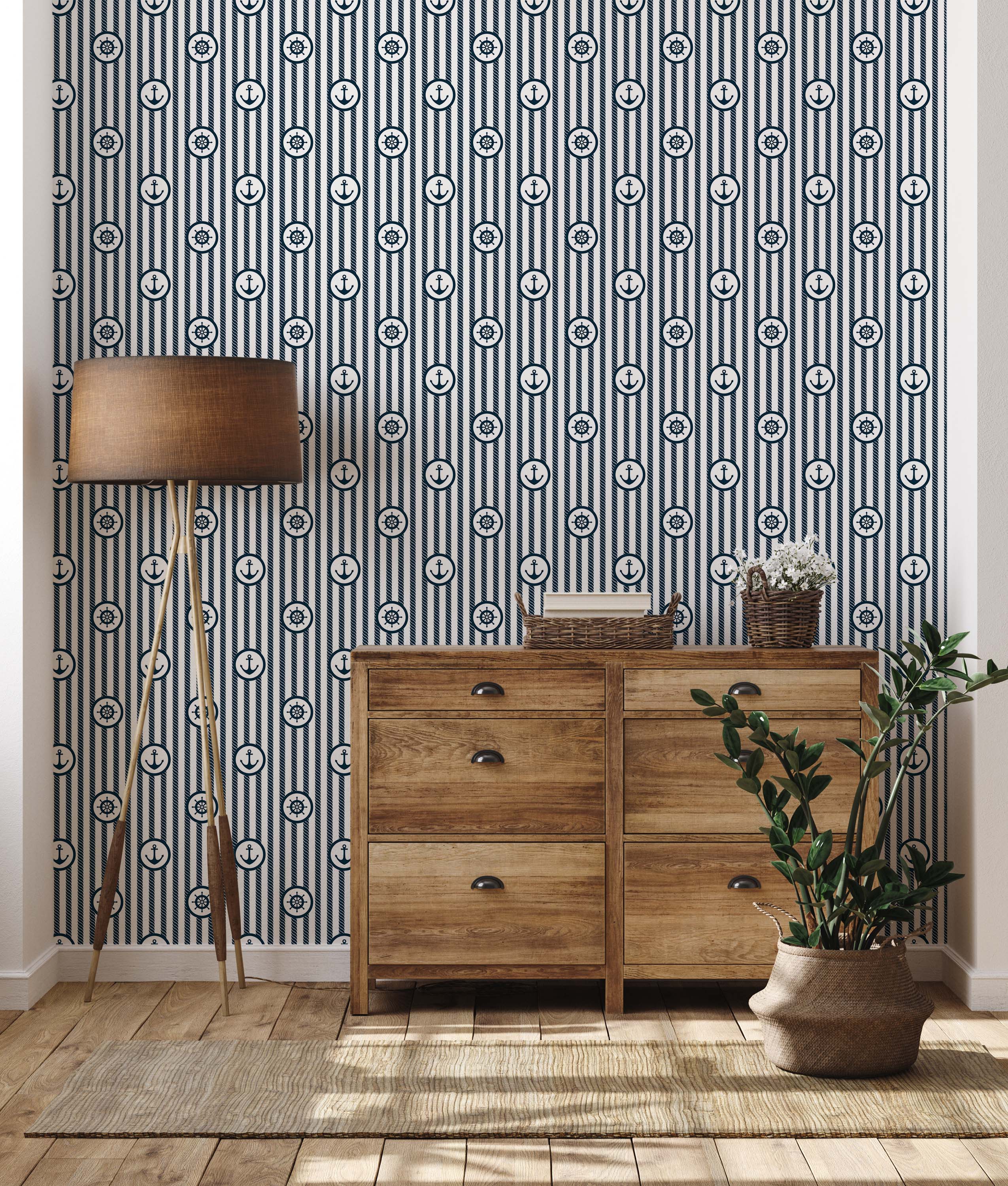 Wallpaper featuring vertical navy blue rope stripes and white stripes, adorned with repeating navy anchor and helm icons.
