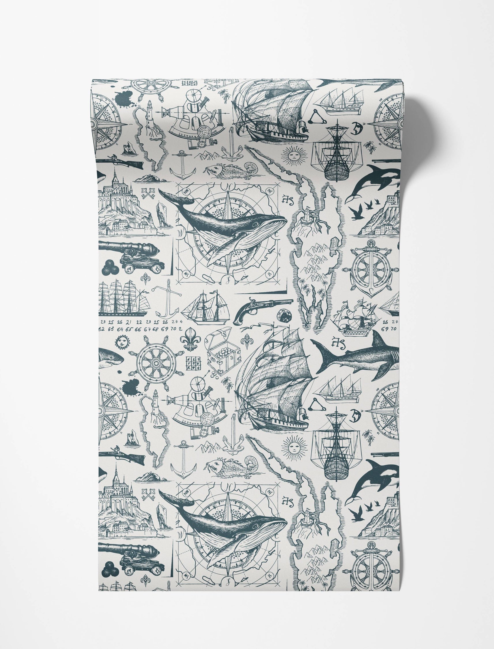 Vintage nautical wallpaper with blue illustrations of ships, whales, and compasses on a white background.