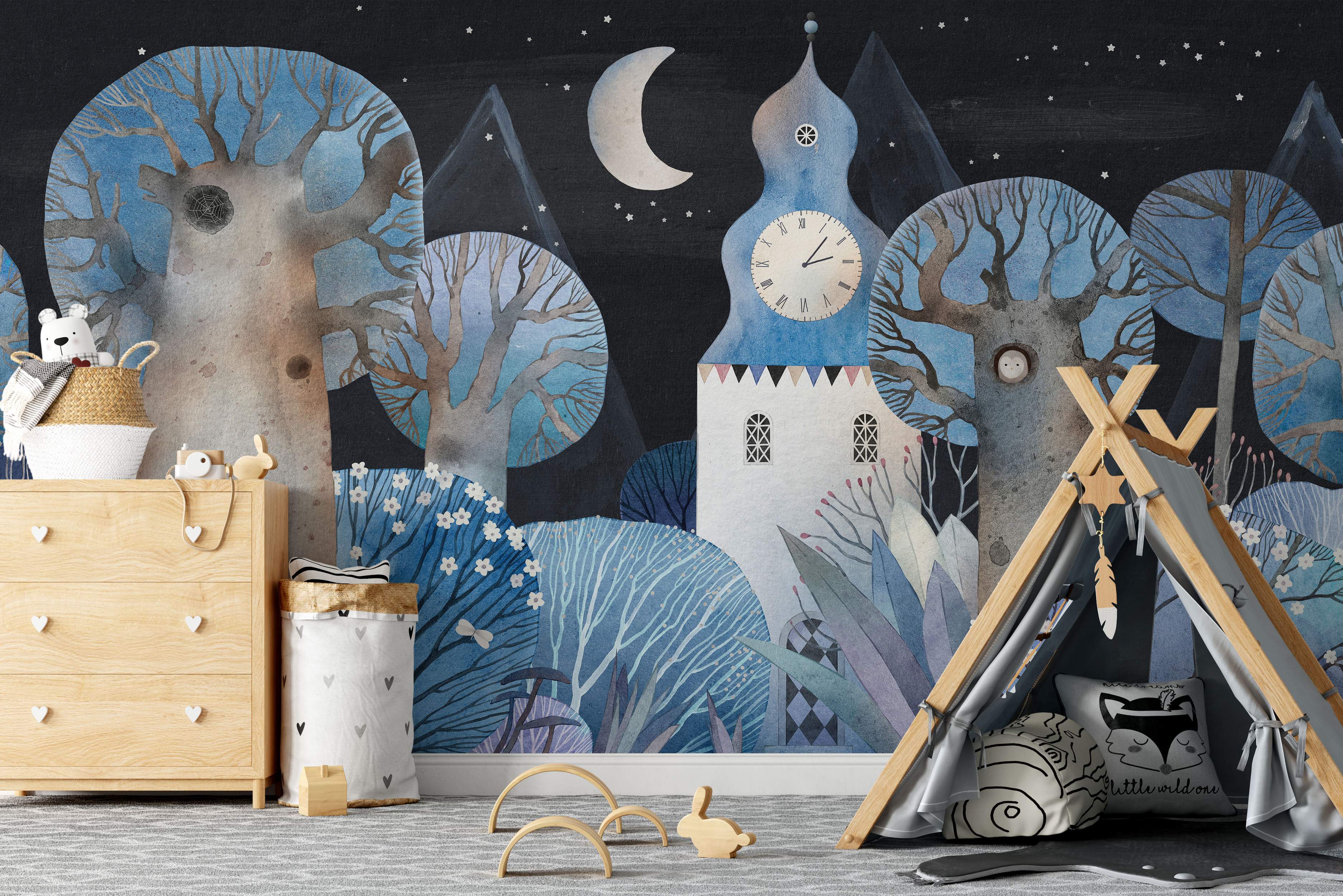Whimsical night scene mural featuring stylized blue and gray trees, a clock tower, crescent moon, and stars in a watercolor style.