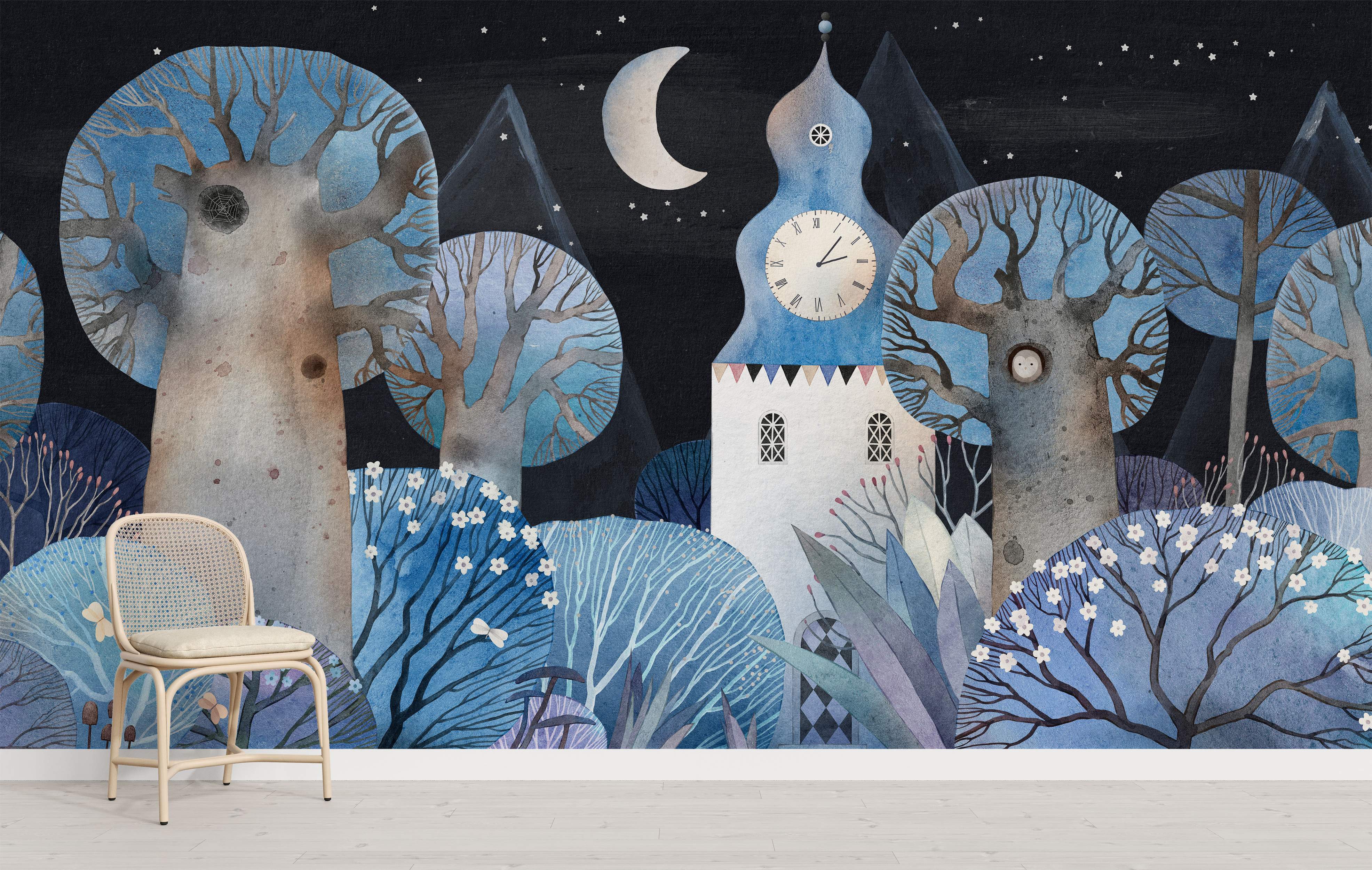 Whimsical watercolor mural depicting a night forest scene with stylized blue and gray trees, a clock tower, and a crescent moon.