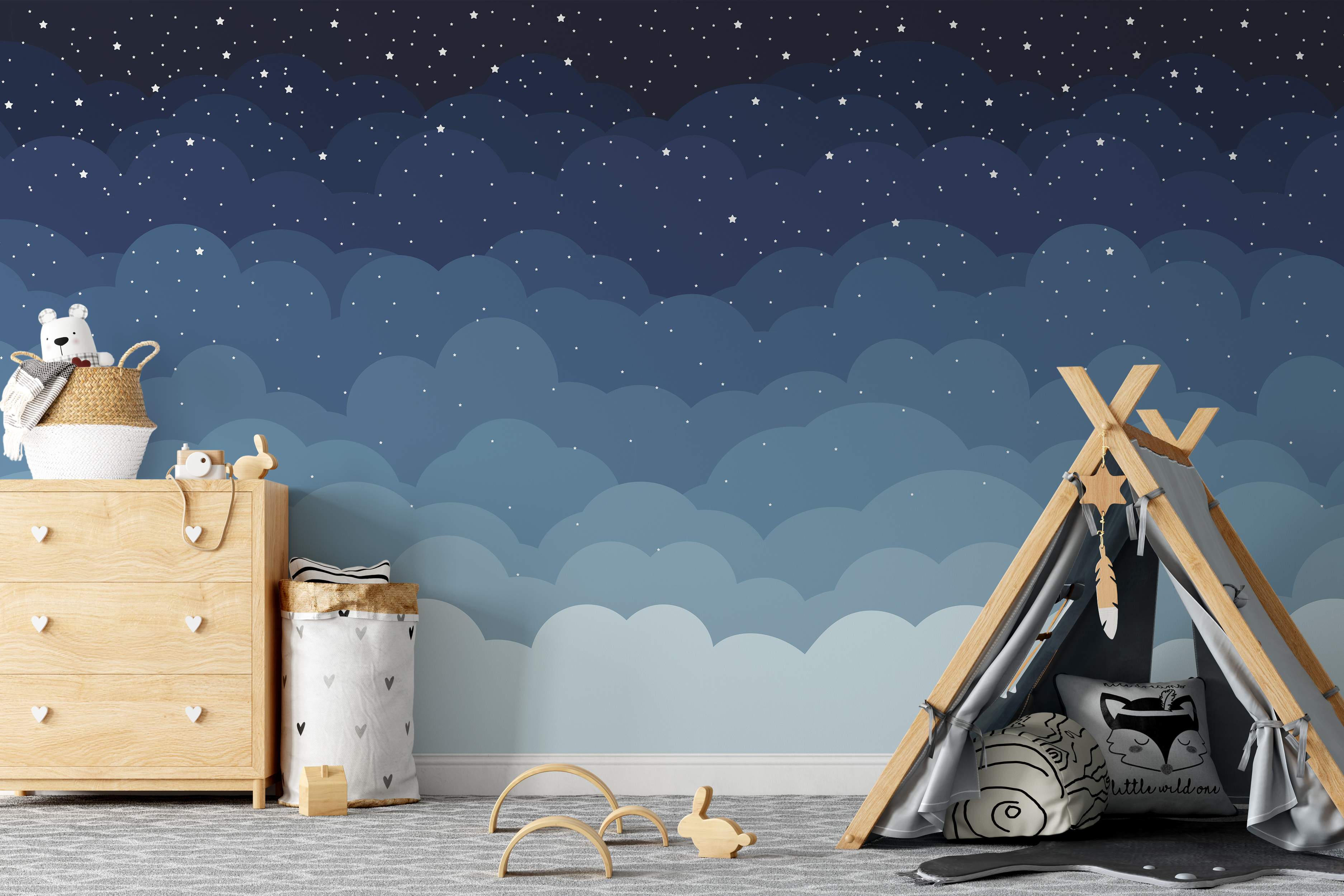 Blue clouds with starry night sky mural design