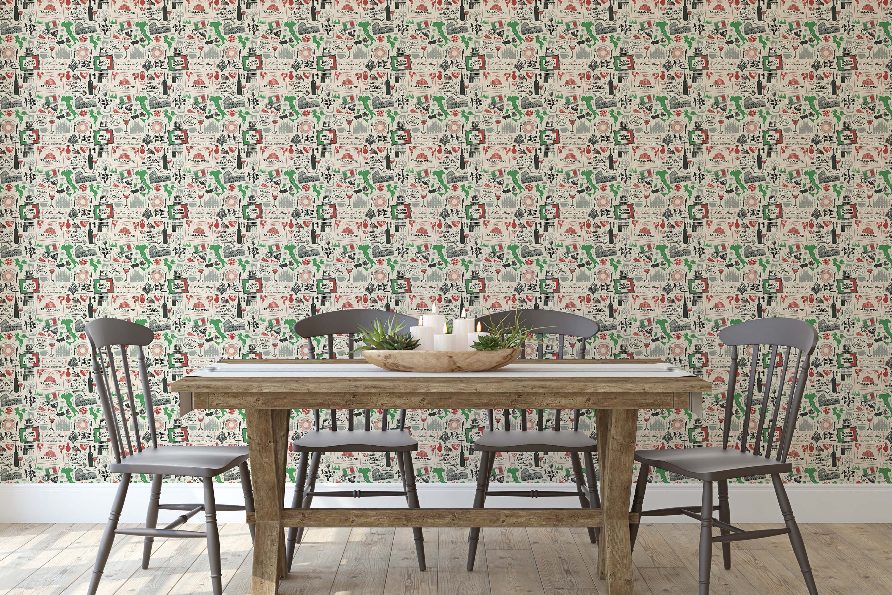 Cream wallpaper with a dense, repeating pattern of illustrative Italian motifs like food and landmarks in red, green, and black.