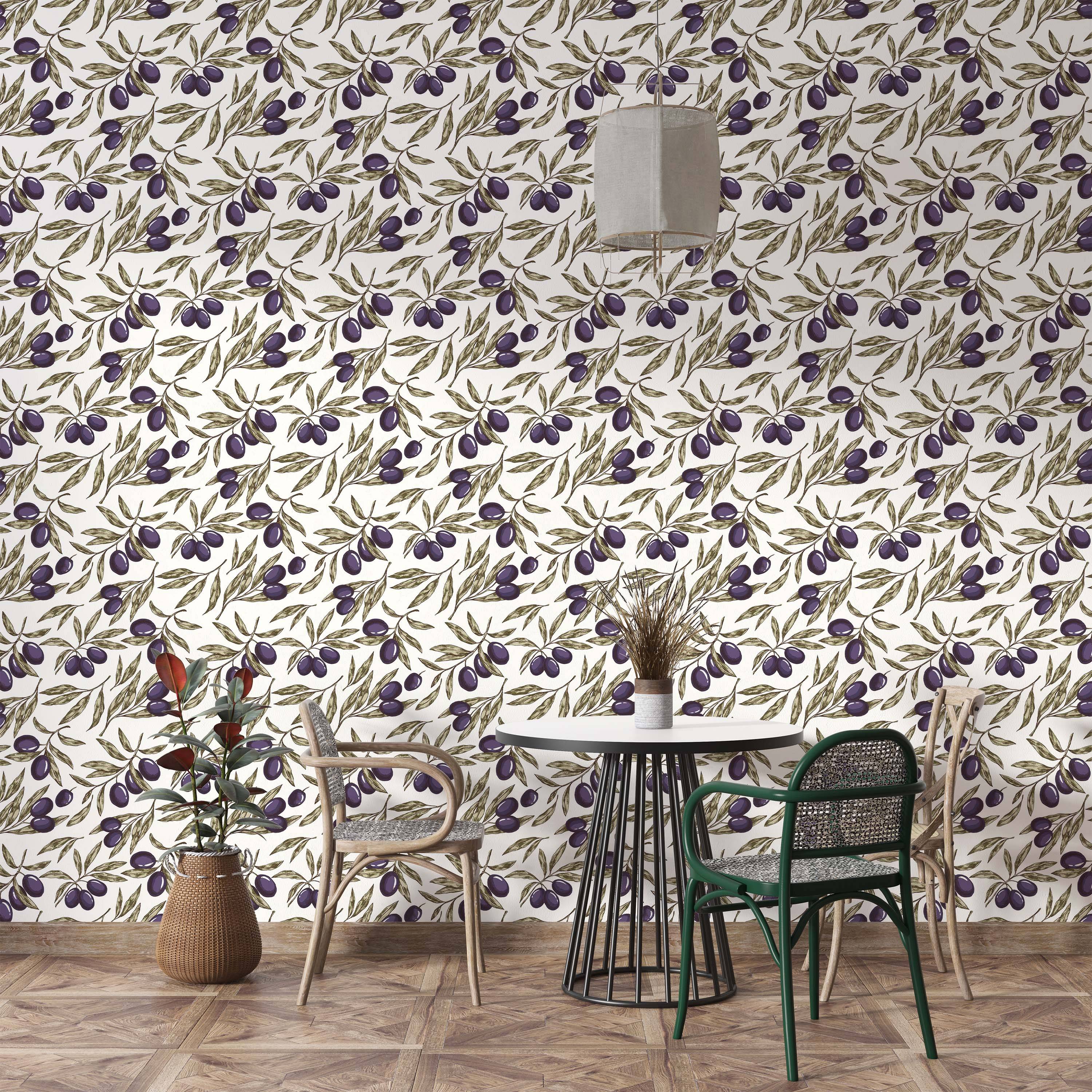 Botanical wallpaper with a repeating pattern of olive branches, showcasing deep purple olives and green leaves on a light backdrop.
